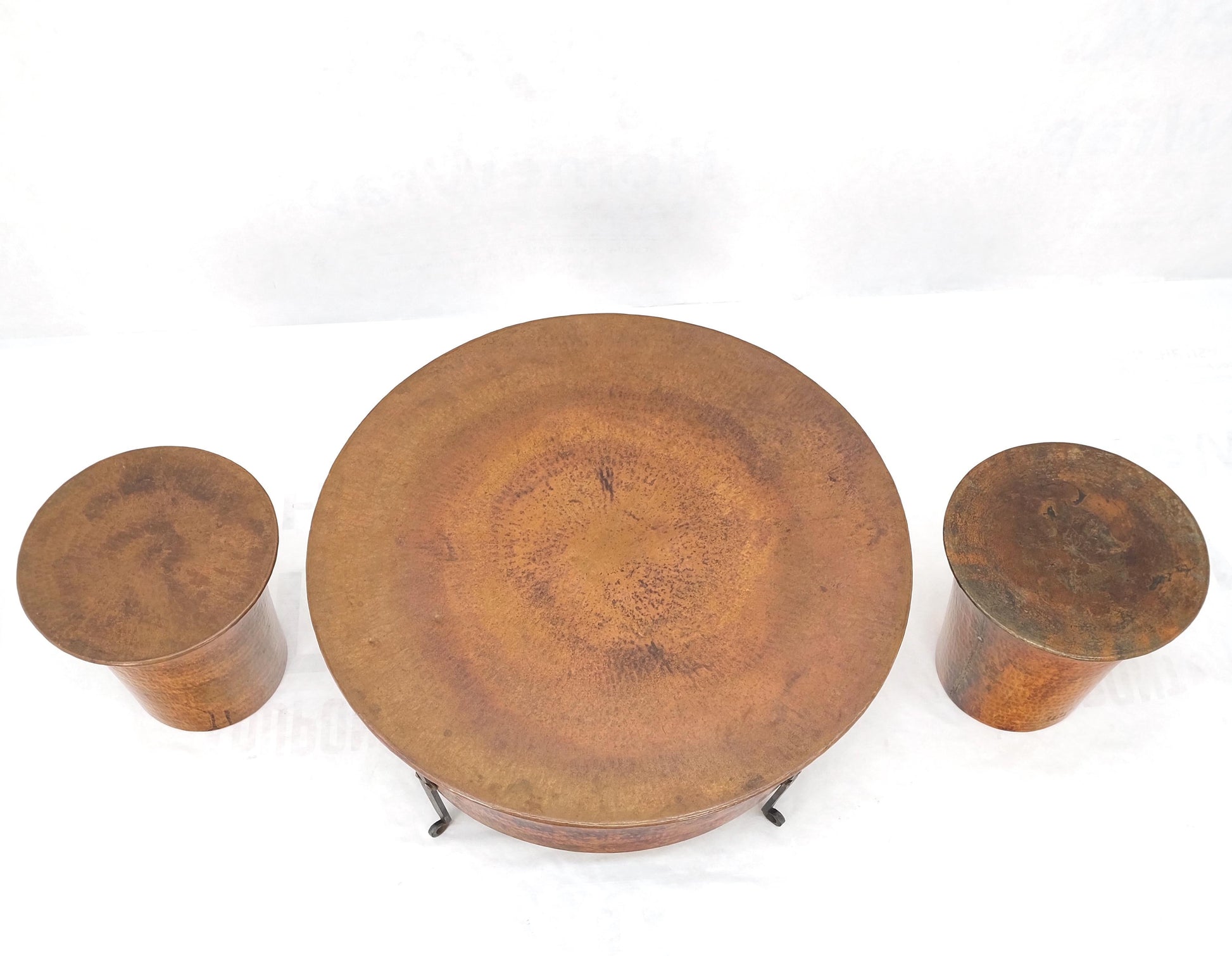EstablishedLines Vintage Hummered Forged Copper & Iron Round Coffee Table & Pair of Stools Seats