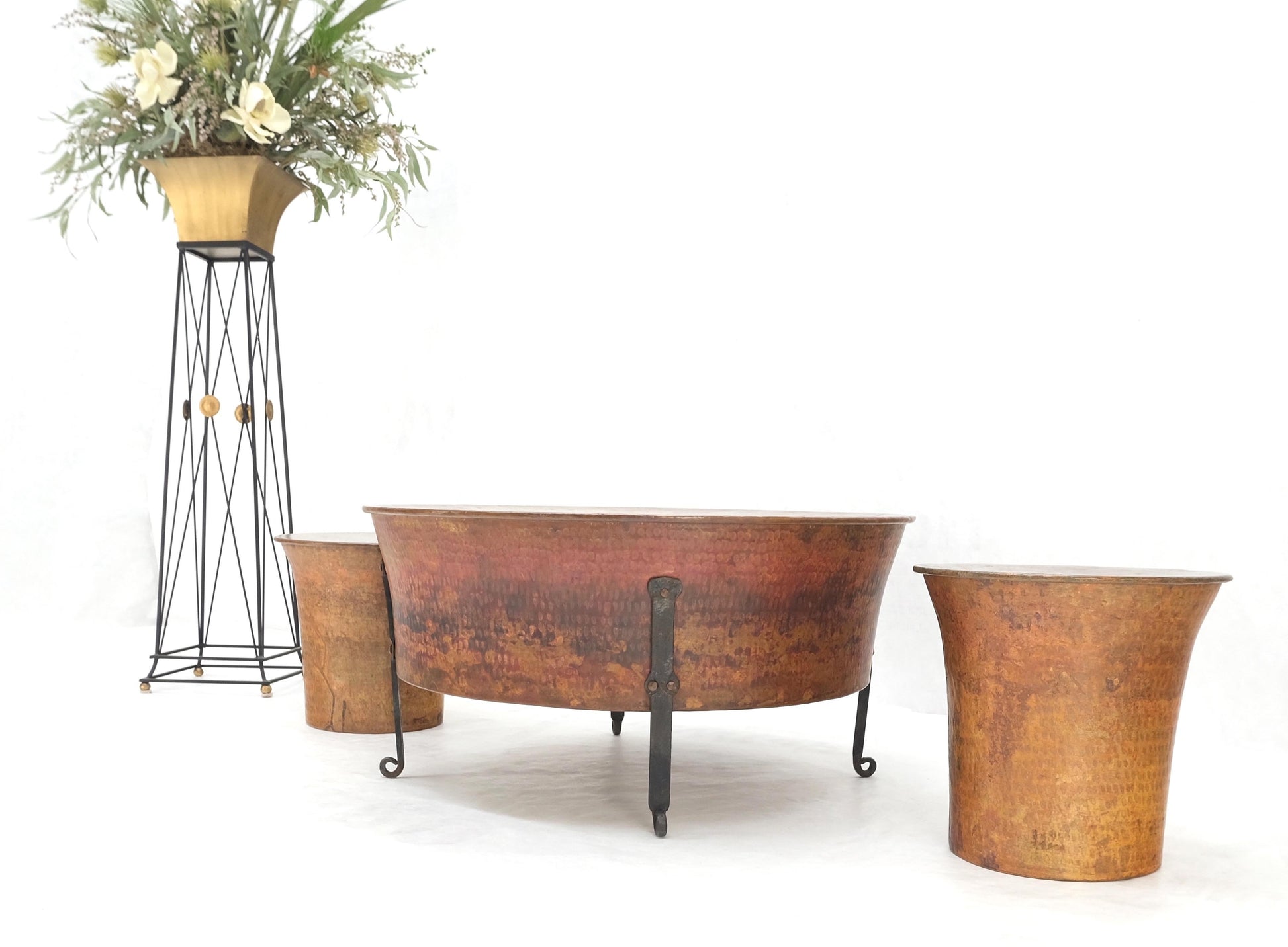 EstablishedLines Vintage Hummered Forged Copper & Iron Round Coffee Table & Pair of Stools Seats