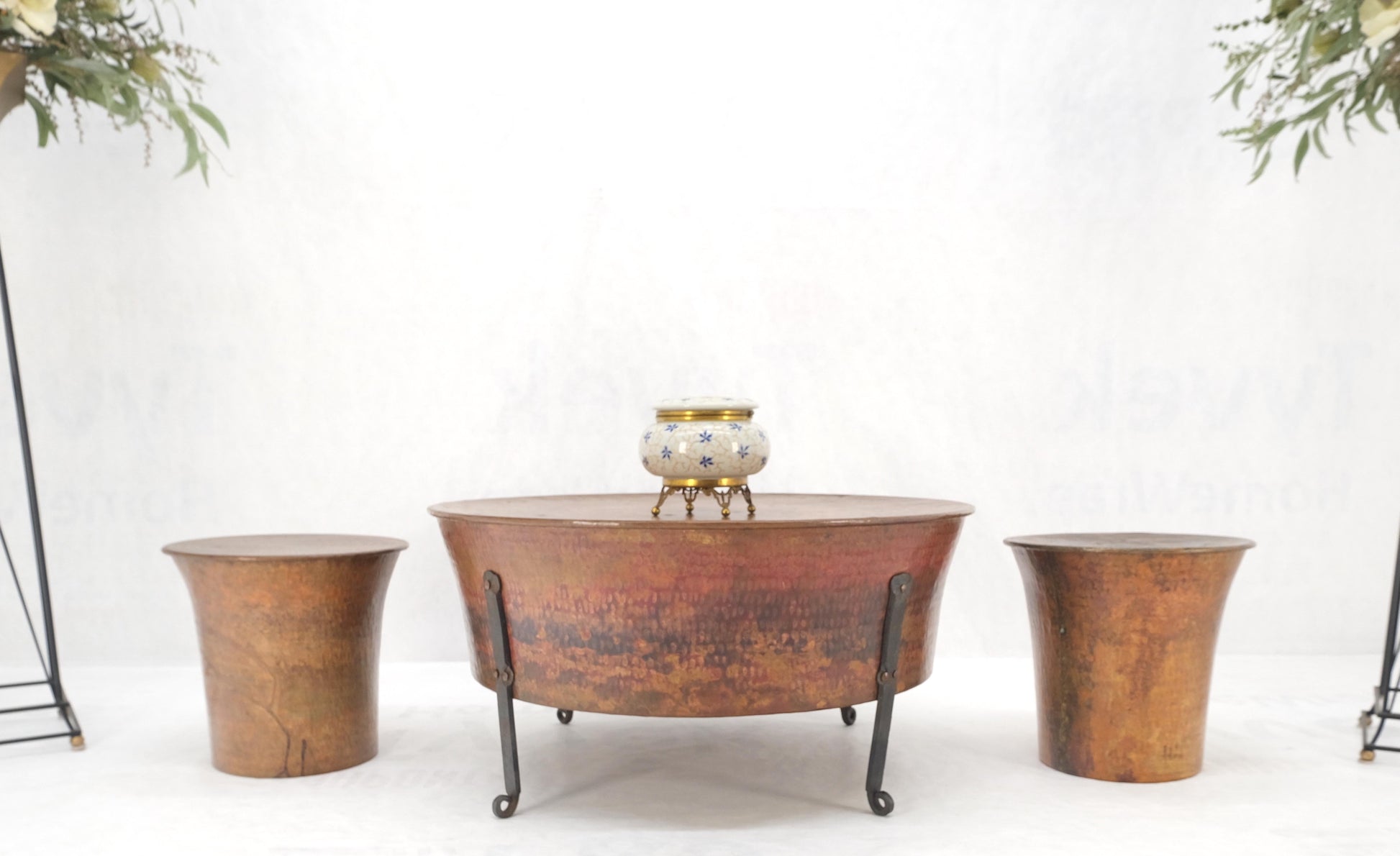 EstablishedLines Vintage Hummered Forged Copper & Iron Round Coffee Table & Pair of Stools Seats