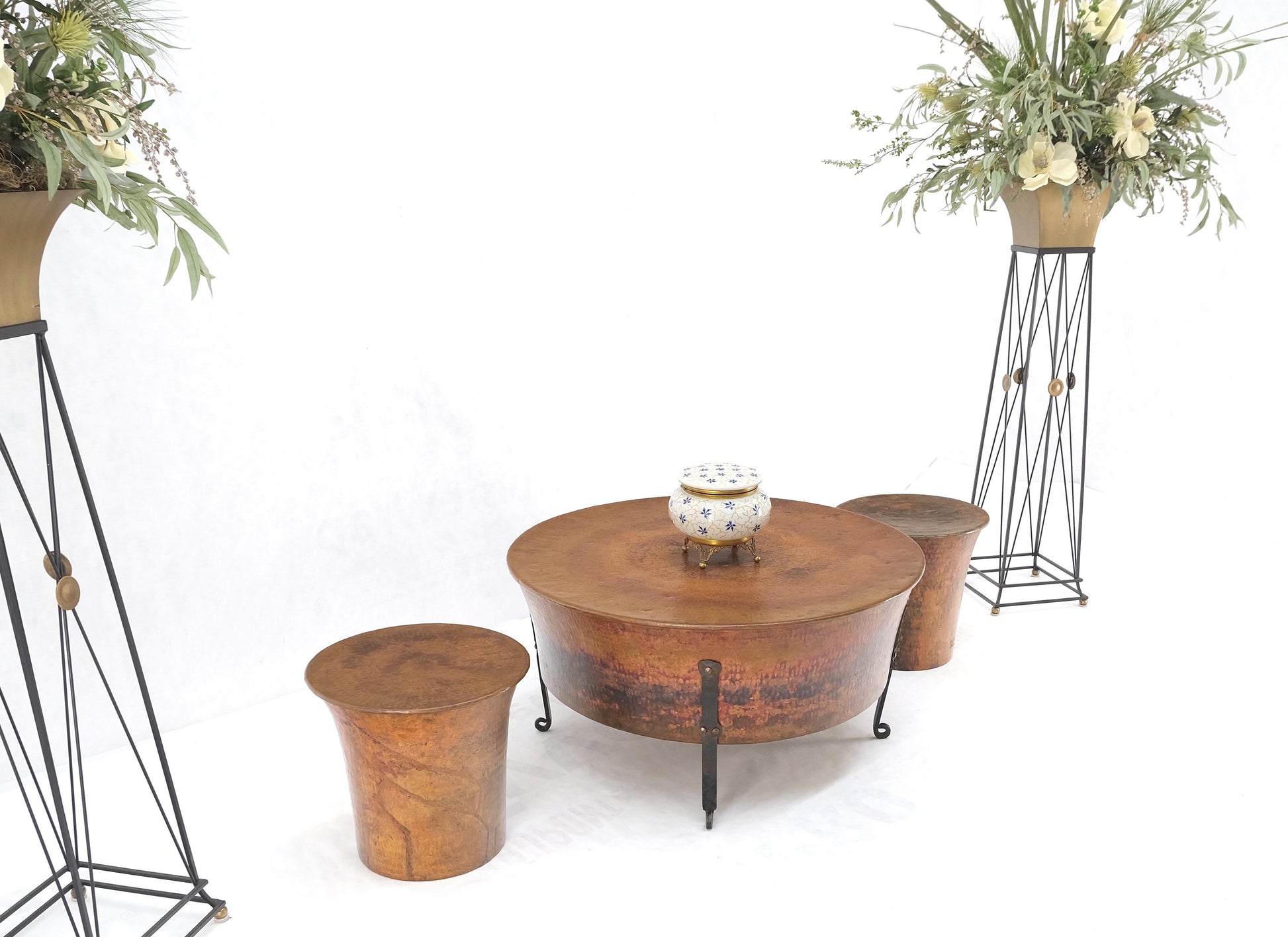 EstablishedLines Vintage Hummered Forged Copper & Iron Round Coffee Table & Pair of Stools Seats