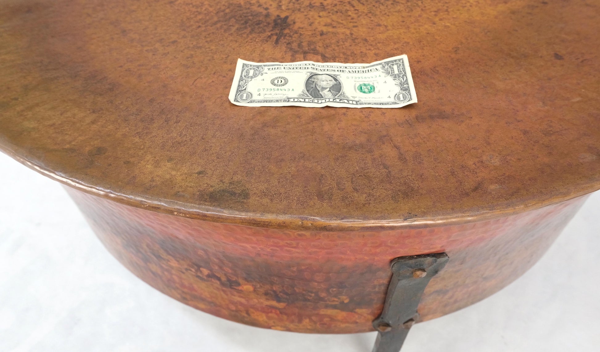 EstablishedLines Vintage Hummered Forged Copper & Iron Round Coffee Table & Pair of Stools Seats