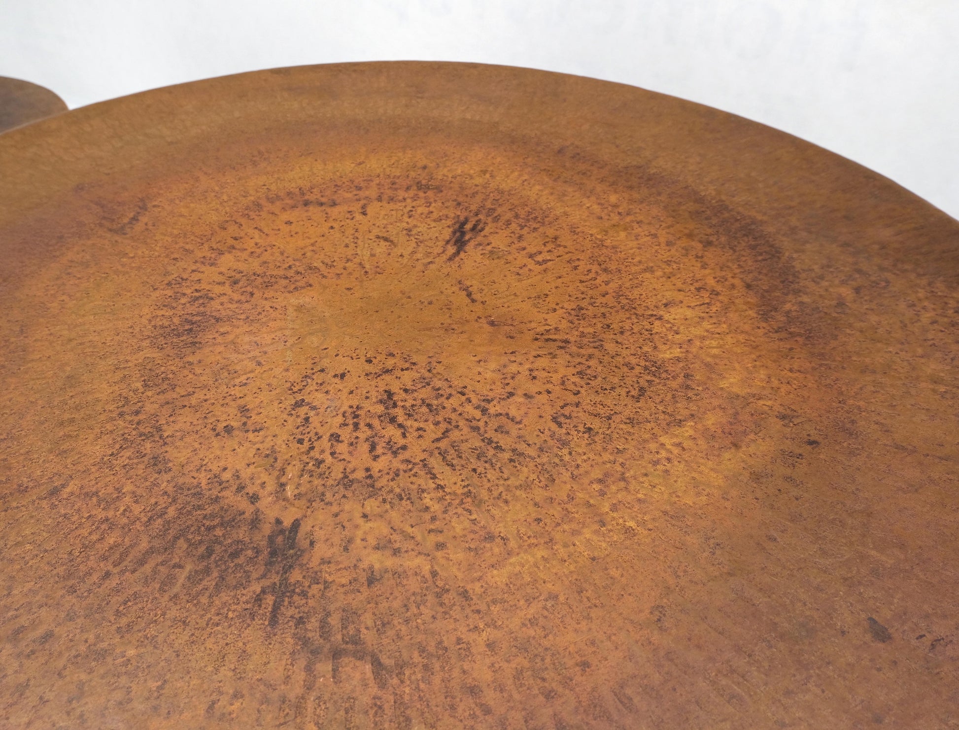 EstablishedLines Vintage Hummered Forged Copper & Iron Round Coffee Table & Pair of Stools Seats