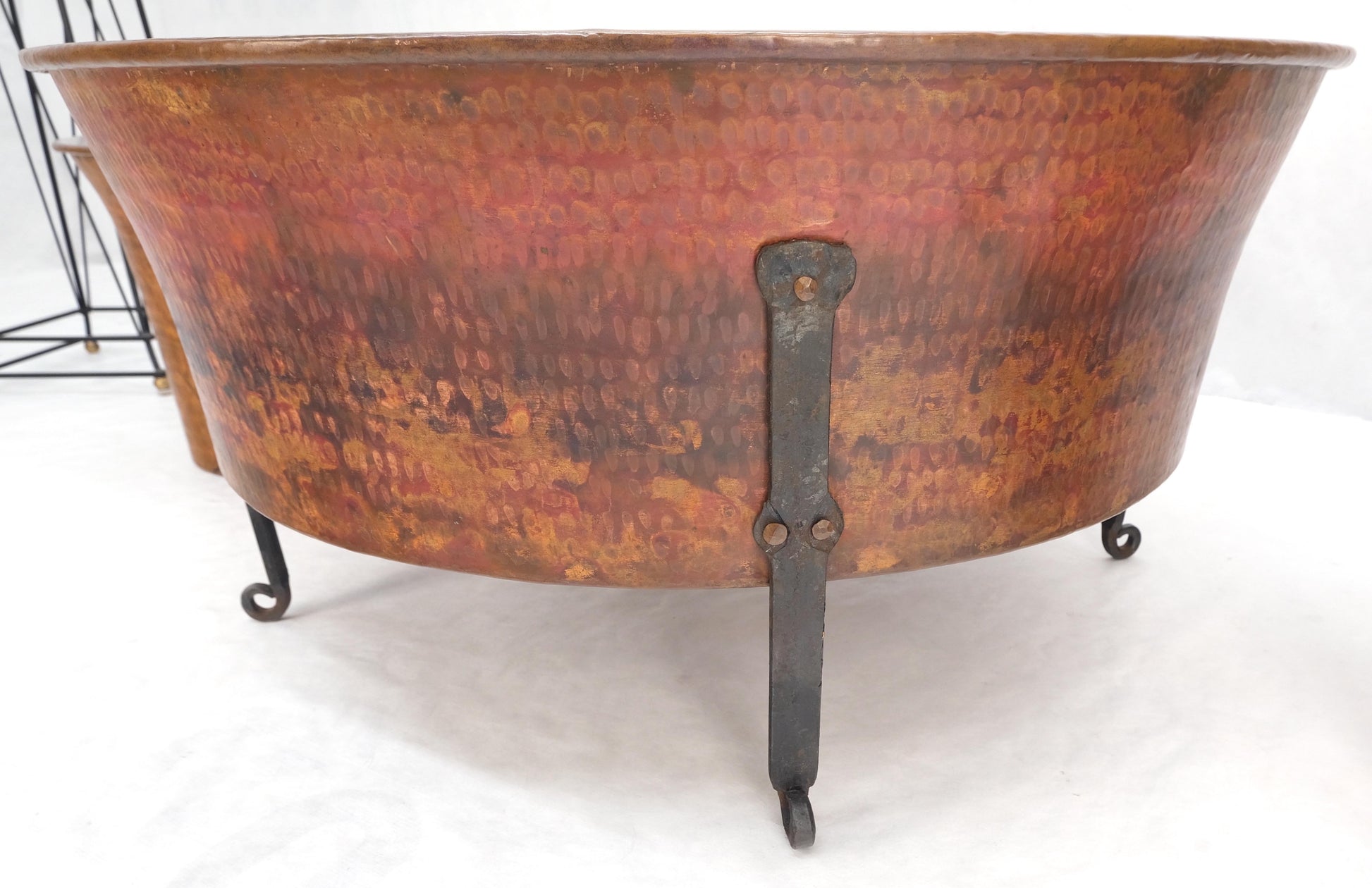 EstablishedLines Vintage Hummered Forged Copper & Iron Round Coffee Table & Pair of Stools Seats
