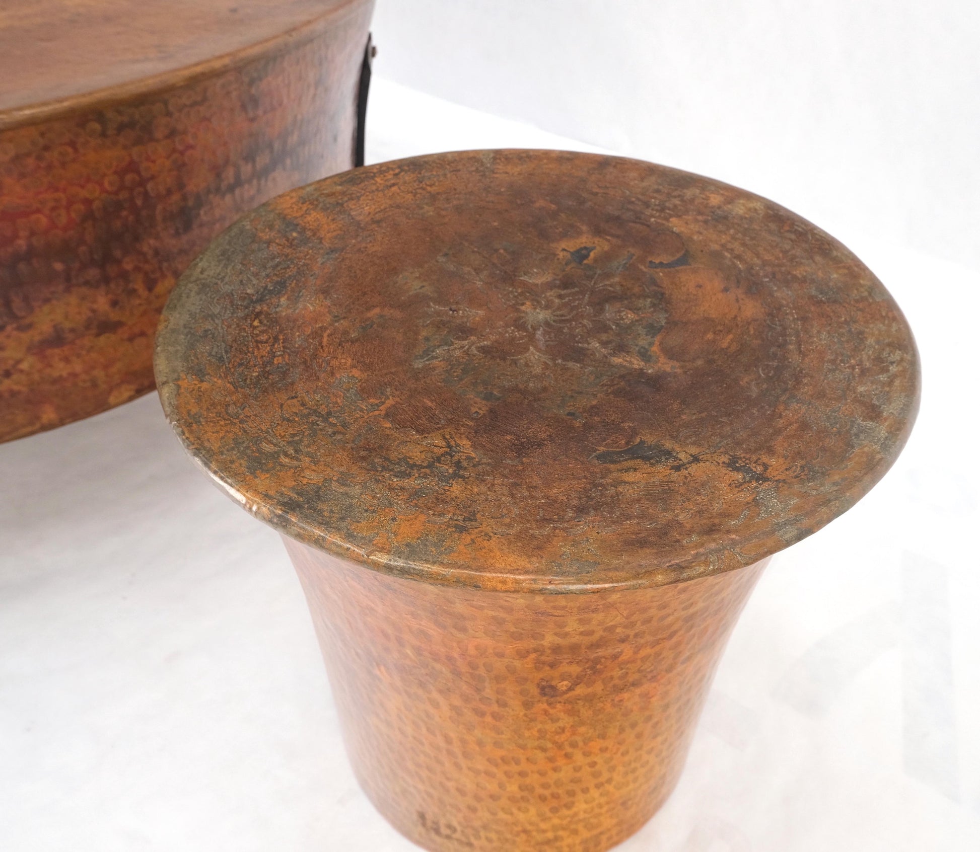 EstablishedLines Vintage Hummered Forged Copper & Iron Round Coffee Table & Pair of Stools Seats