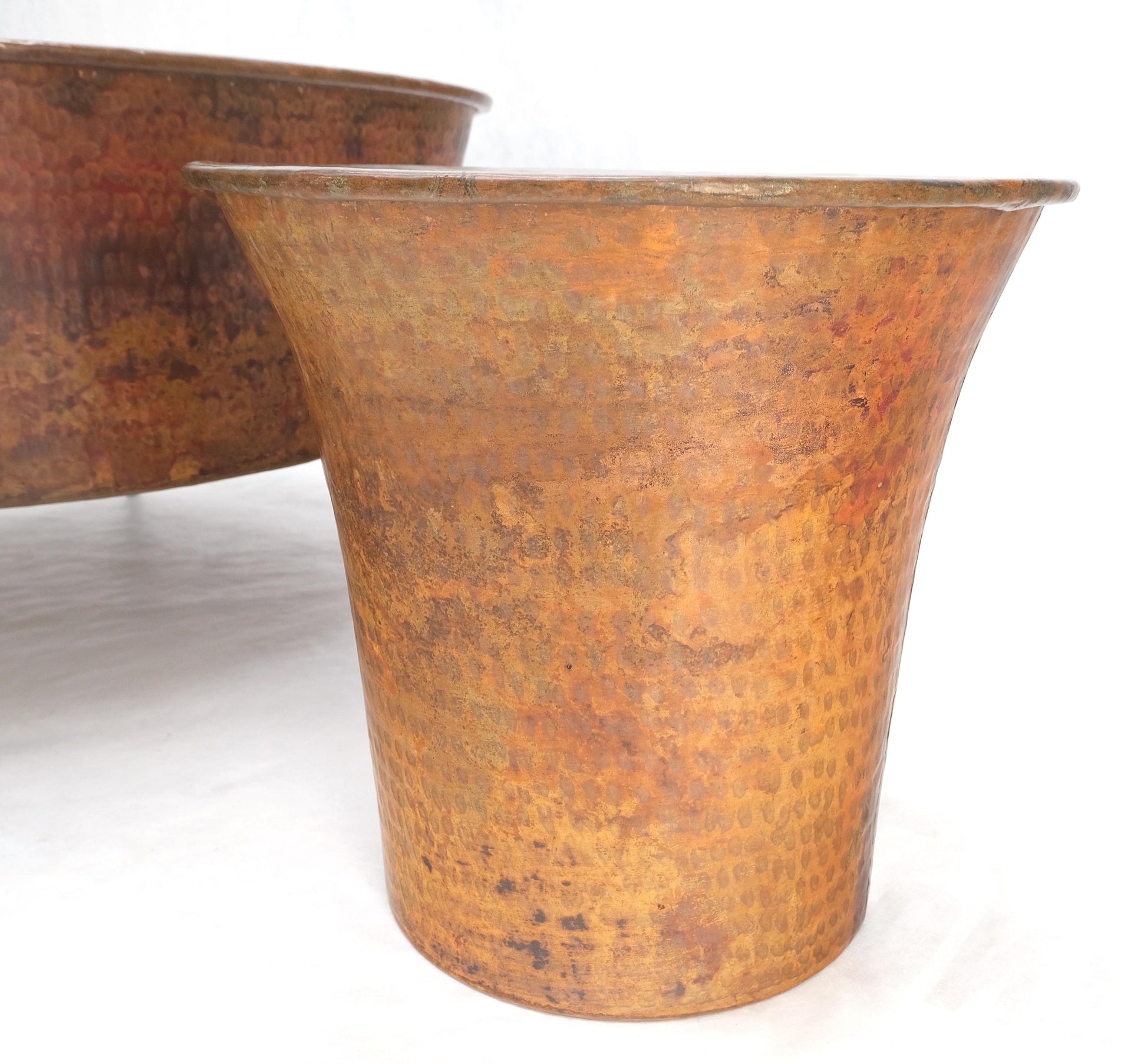 EstablishedLines Vintage Hummered Forged Copper & Iron Round Coffee Table & Pair of Stools Seats