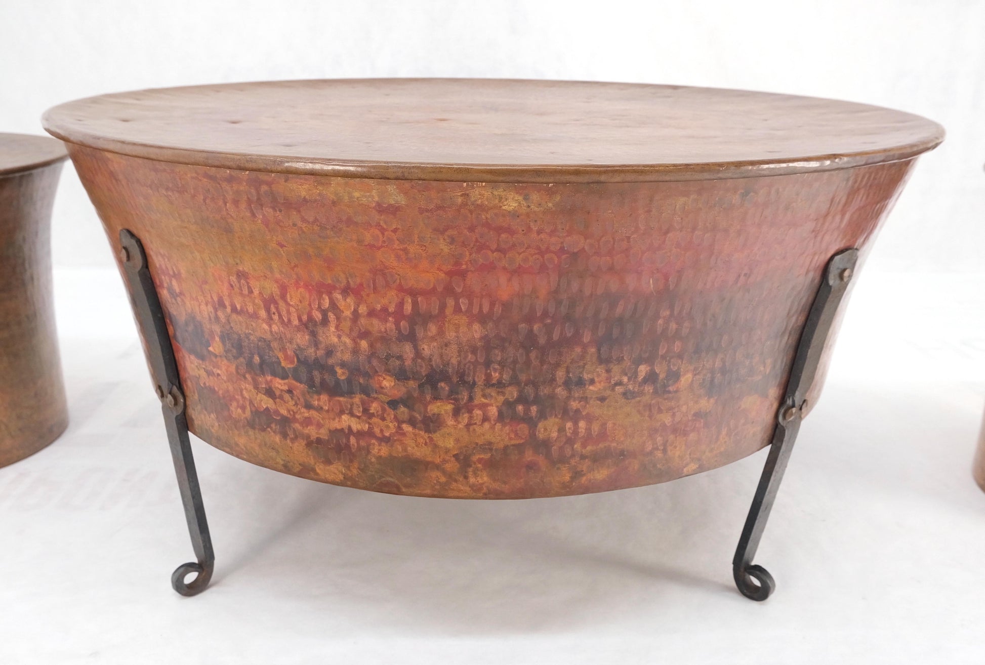 EstablishedLines Vintage Hummered Forged Copper & Iron Round Coffee Table & Pair of Stools Seats