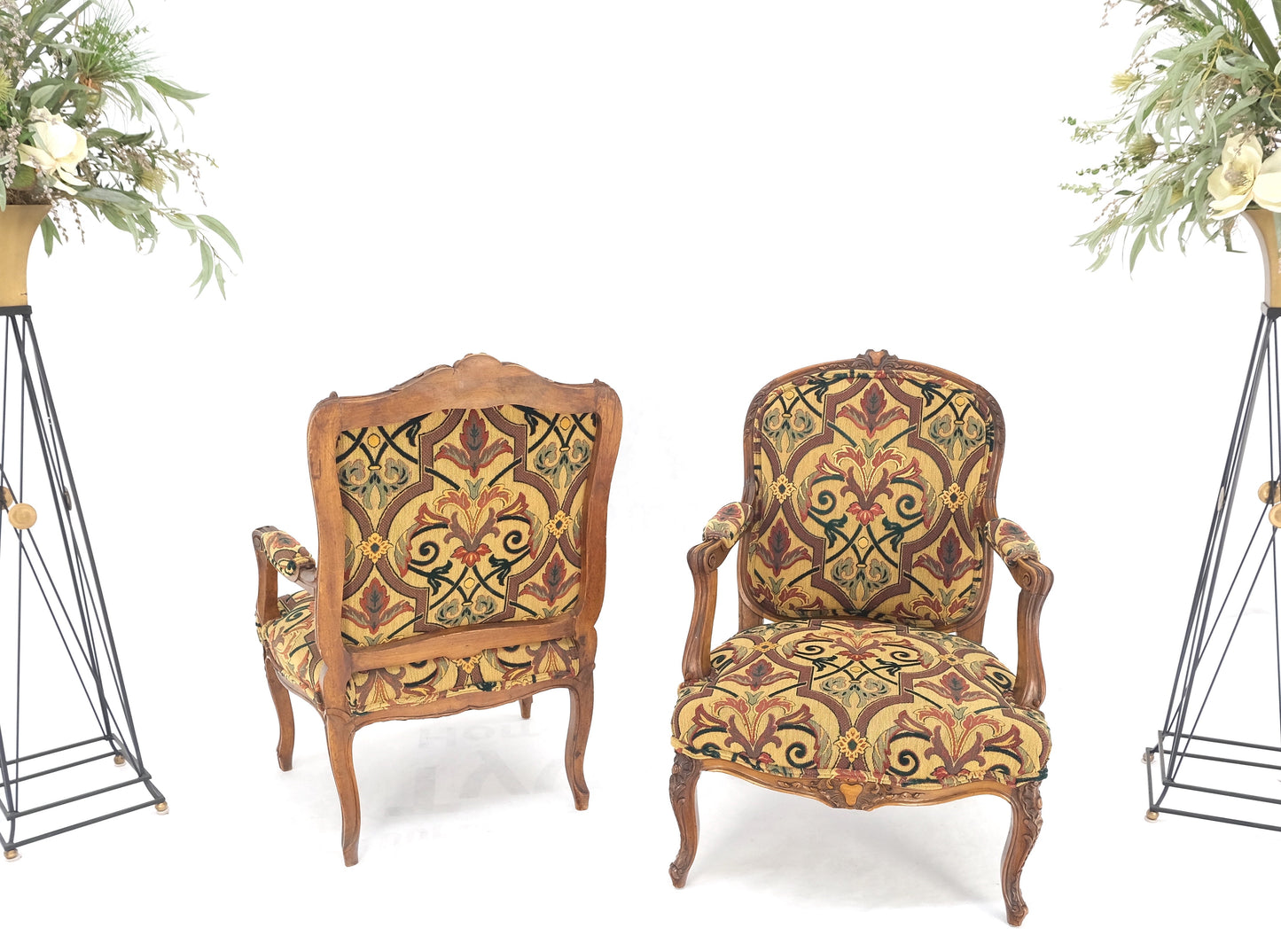 EstablishedLines Pair of His & Hers Finely Carved Walnut Country French Lounge Armchairs Tapestry