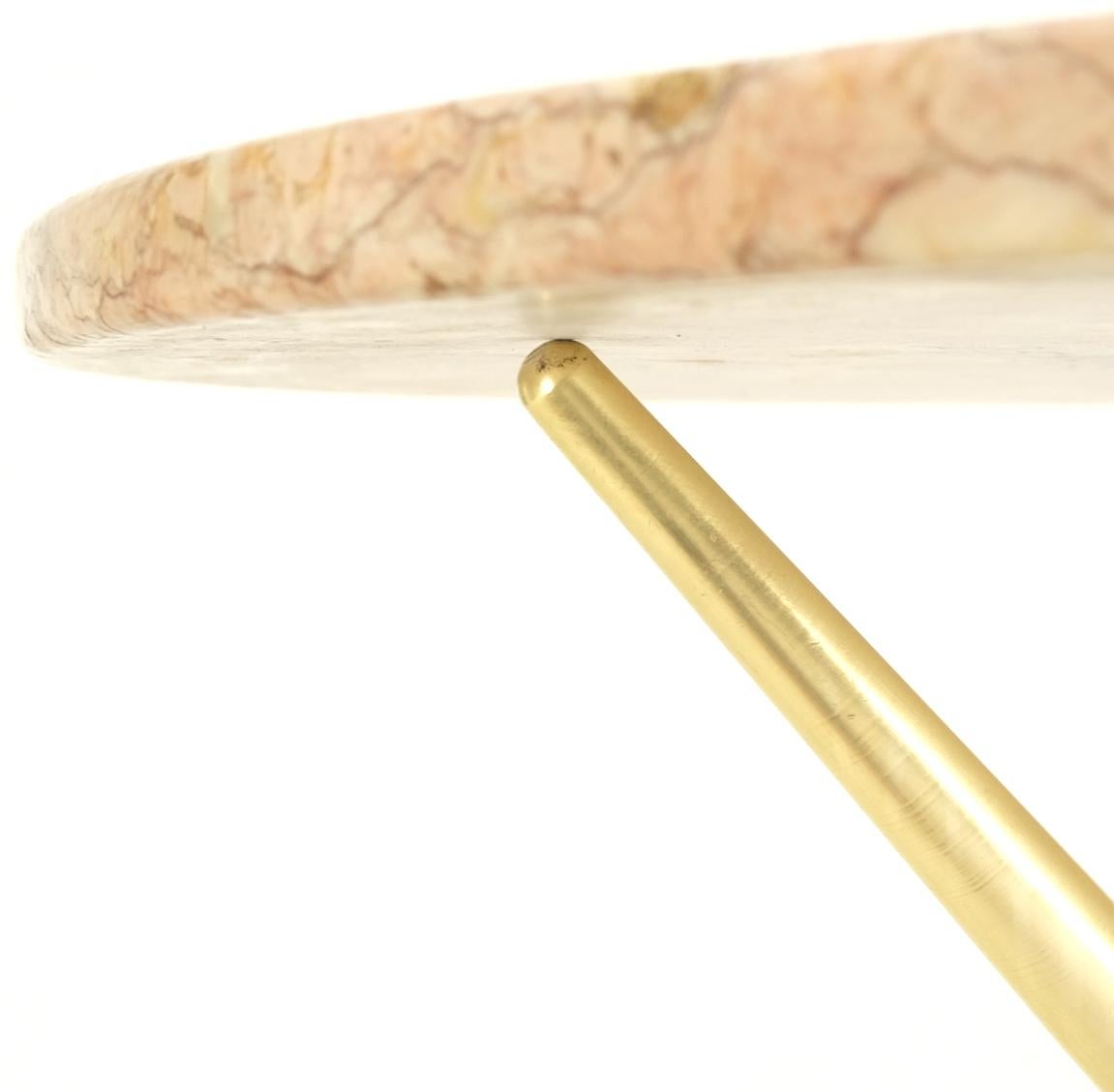 EstablishedLines Machined Brass Tripod Base Rouge Round Marble Top Center Side Occasional Table