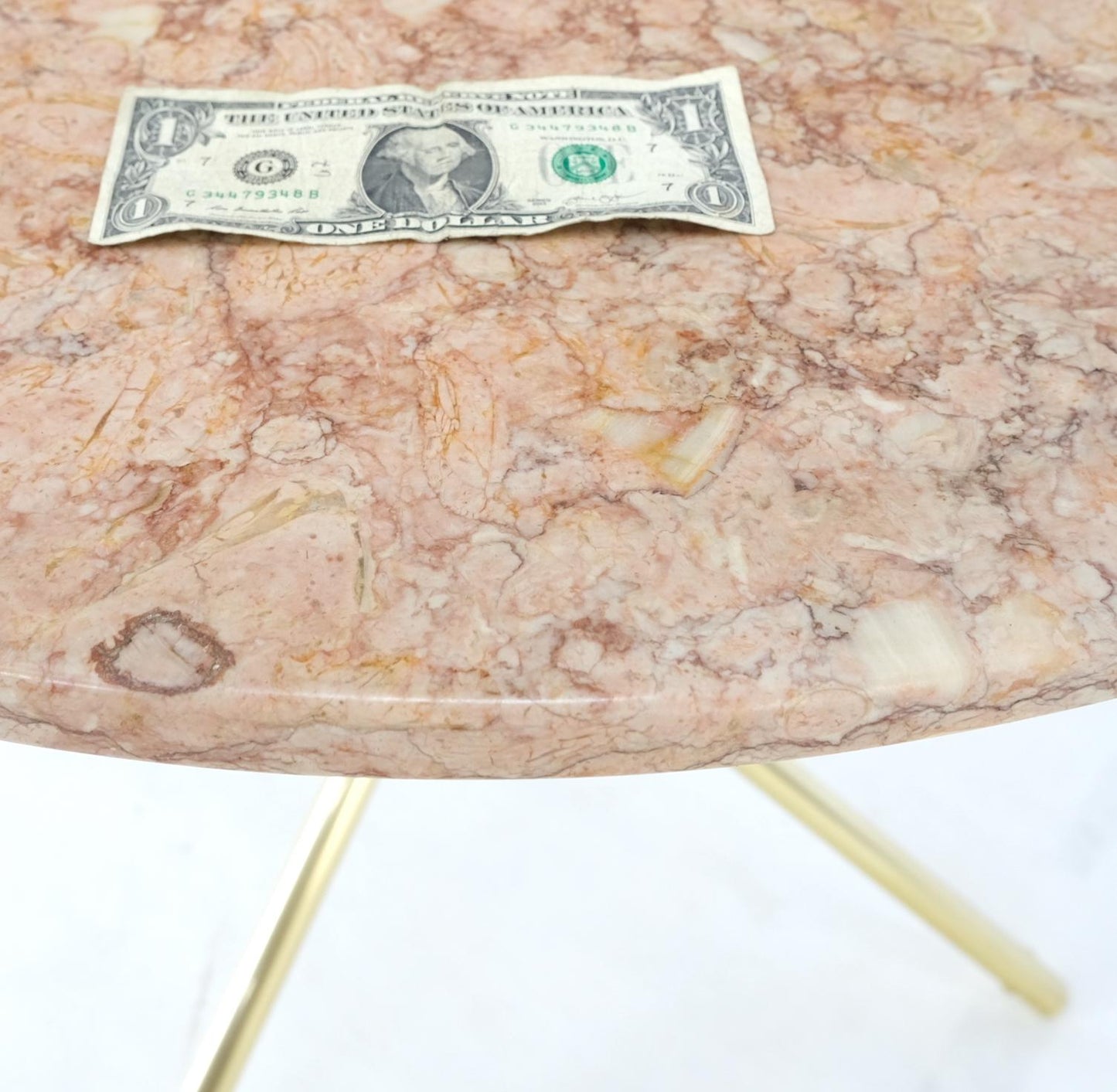 EstablishedLines Machined Brass Tripod Base Rouge Round Marble Top Center Side Occasional Table