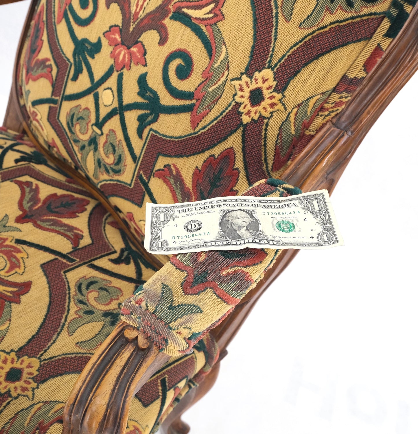 EstablishedLines Pair of His & Hers Finely Carved Walnut Country French Lounge Armchairs Tapestry