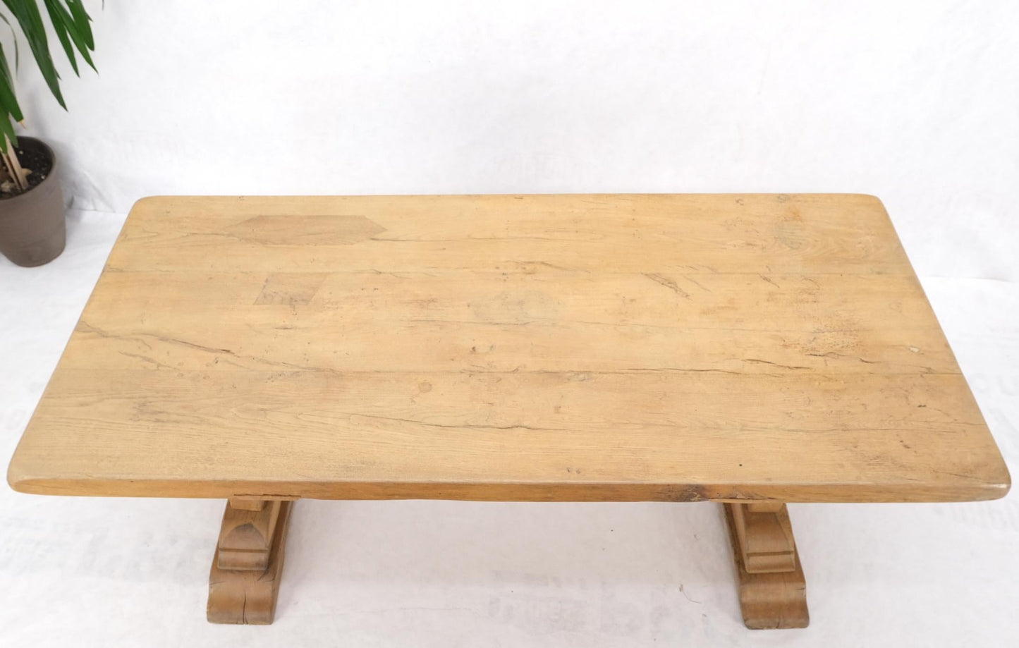 EstablishedLines Large Antique Solid Oak Slab Top Trestle Farm Dining Conference Table