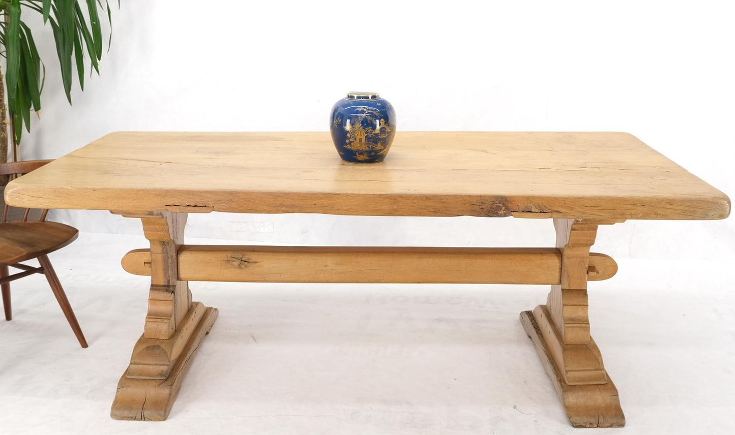 EstablishedLines Large Antique Solid Oak Slab Top Trestle Farm Dining Conference Table