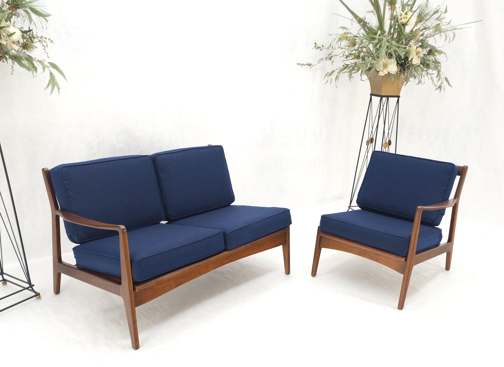 EstablishedLines Danish Mid-Century Modern New Upholstery Walnut Frames Sofa & Chair Set Mint!