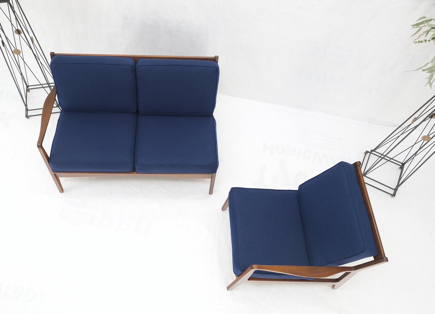 EstablishedLines Danish Mid-Century Modern New Upholstery Walnut Frames Sofa & Chair Set Mint!