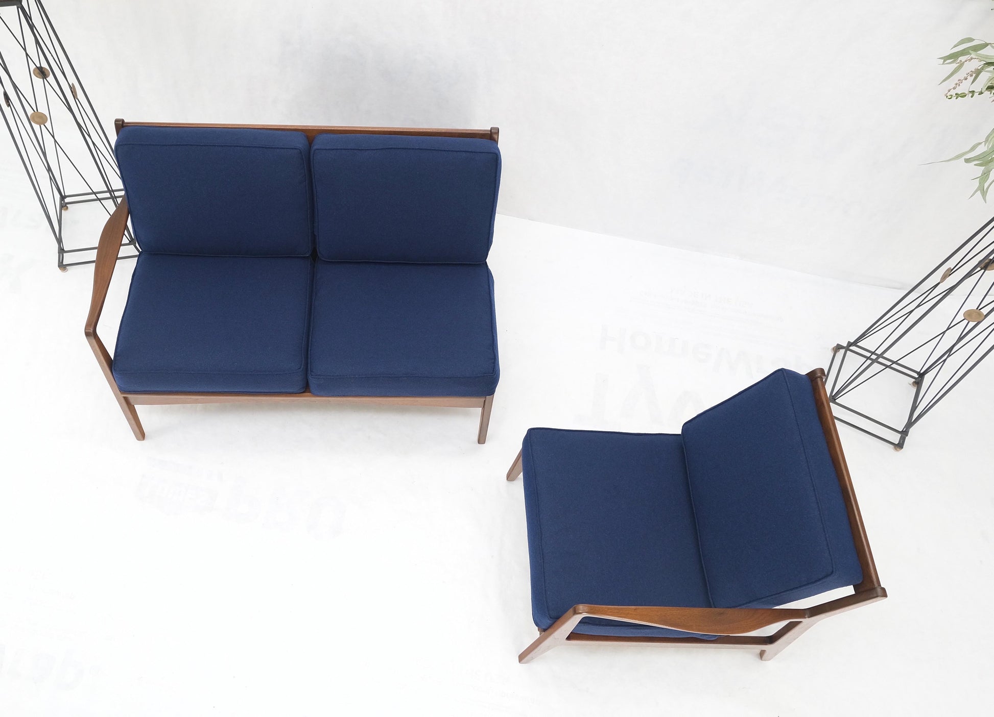 EstablishedLines Danish Mid-Century Modern New Upholstery Walnut Frames Sofa & Chair Set Mint!