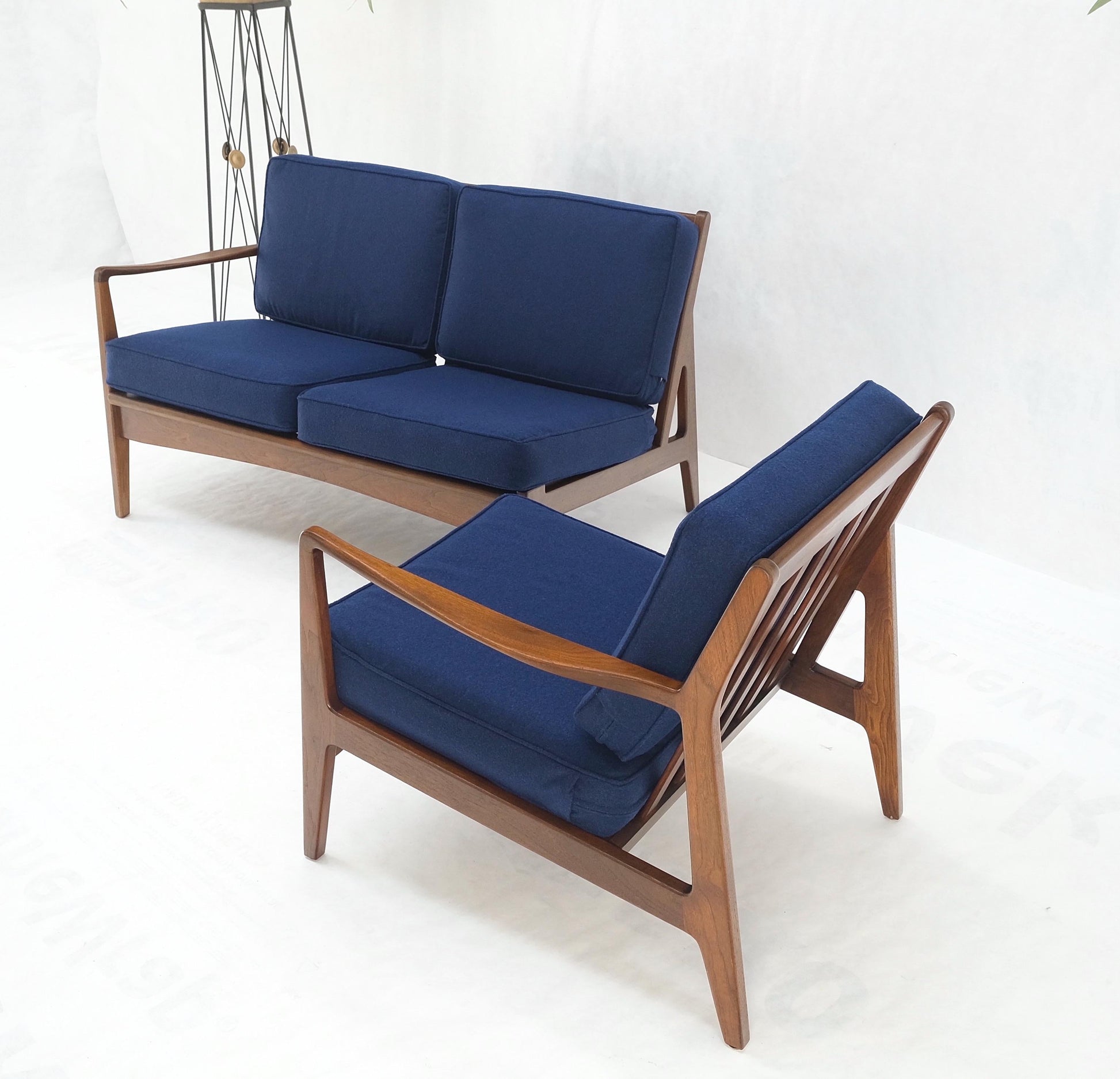 EstablishedLines Danish Mid-Century Modern New Upholstery Walnut Frames Sofa & Chair Set Mint!