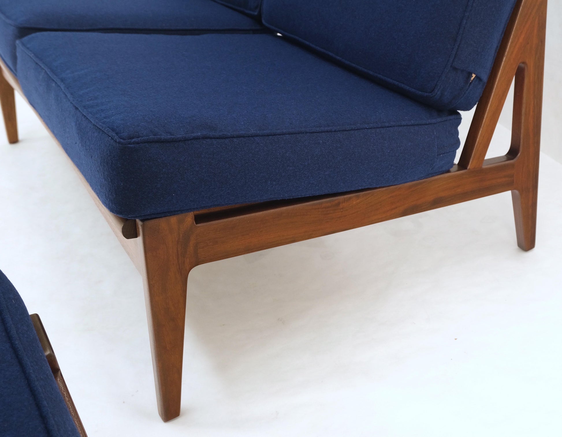 EstablishedLines Danish Mid-Century Modern New Upholstery Walnut Frames Sofa & Chair Set Mint!