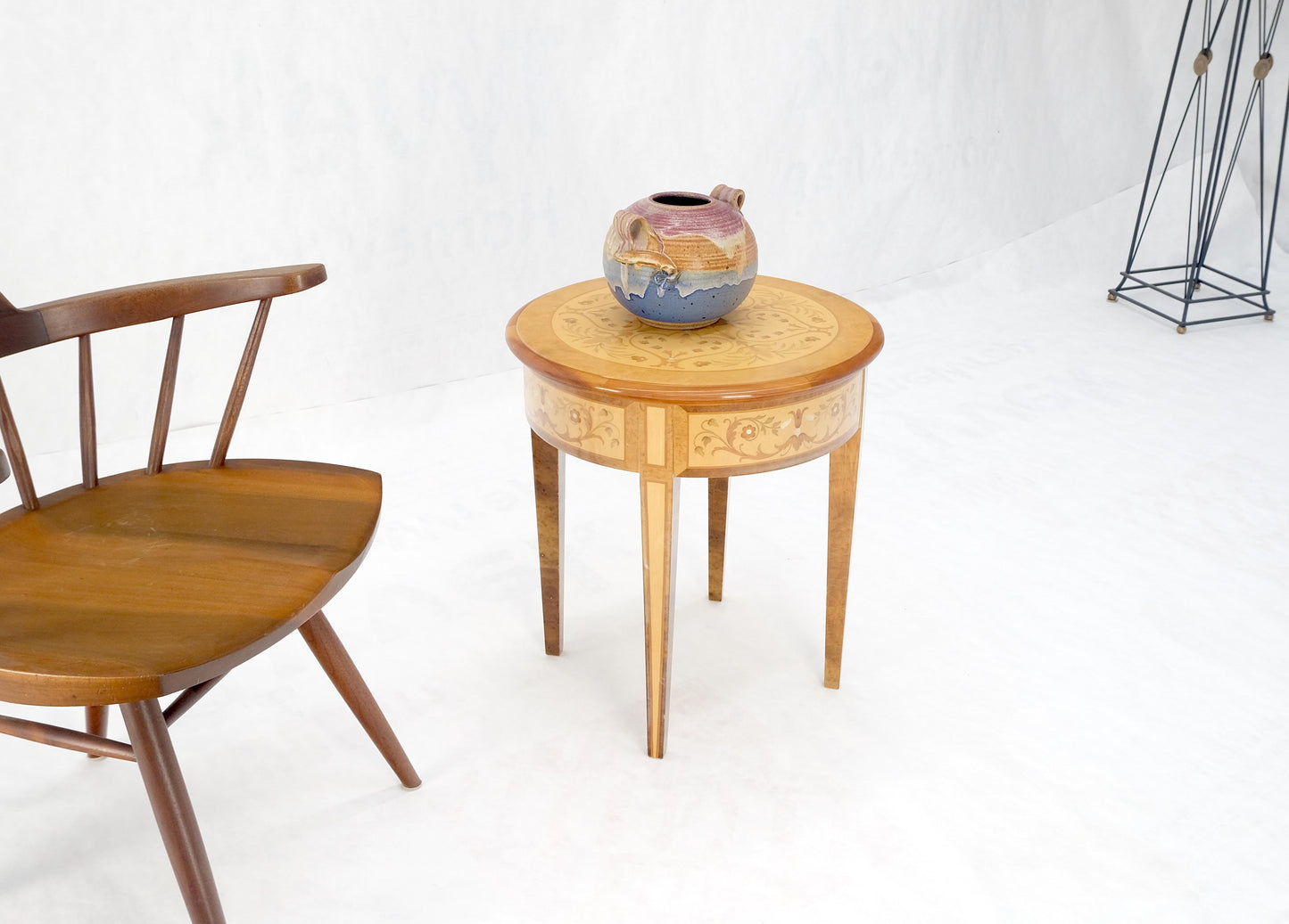 EstablishedLines Round 20" in Diameter Inlayed One Drawer Burl Wood Tapered Legs Stand End Table