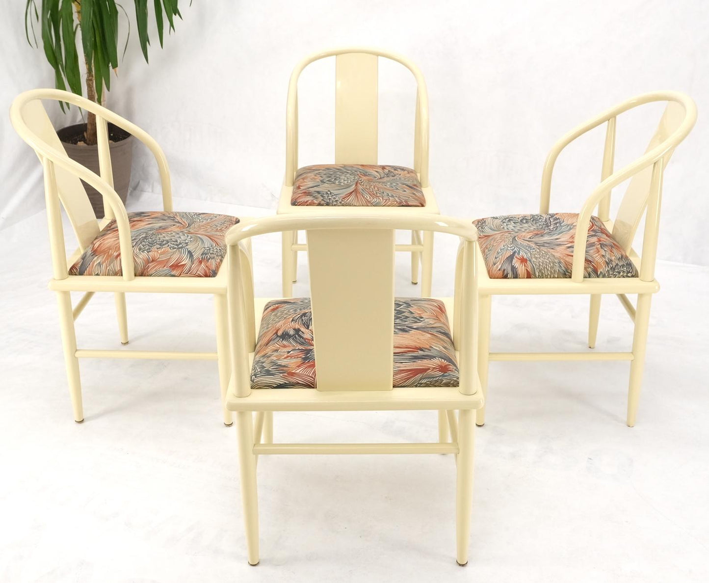 EstablishedLines Asian Inspired Barrel Back White to Beige Lacquer Dining Chairs Mid Century Mint