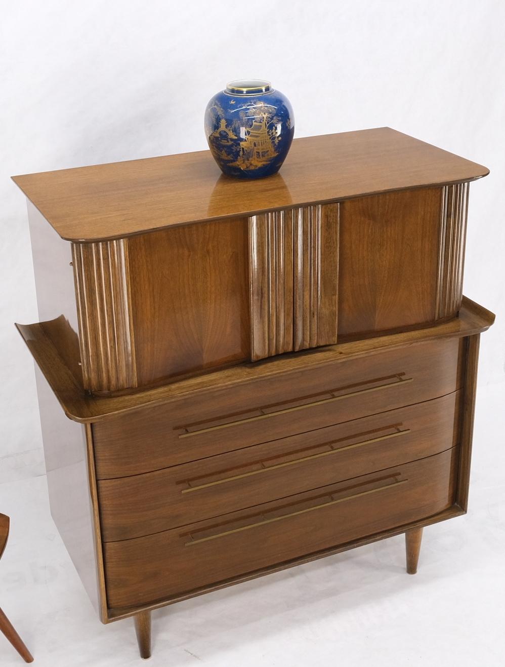 EstablishedLines Light Walnut Bow Front Drawers Long Brass Pull Hardware Gentleman's Chest Mint