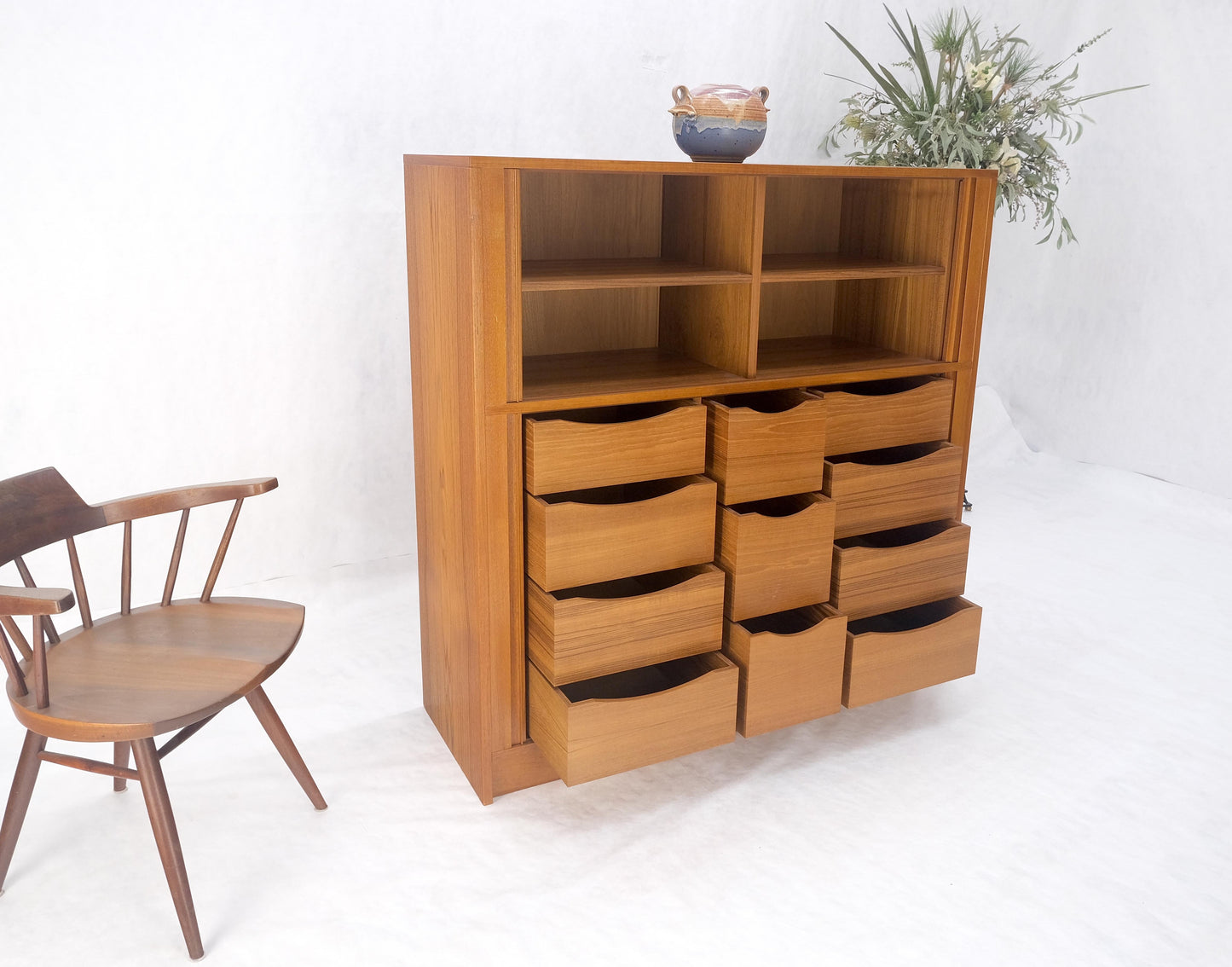 EstablishedLines Danish Teak Tambour Doors 9 Drawers Dresser High Boy Chest Credenza Cabinet MINT