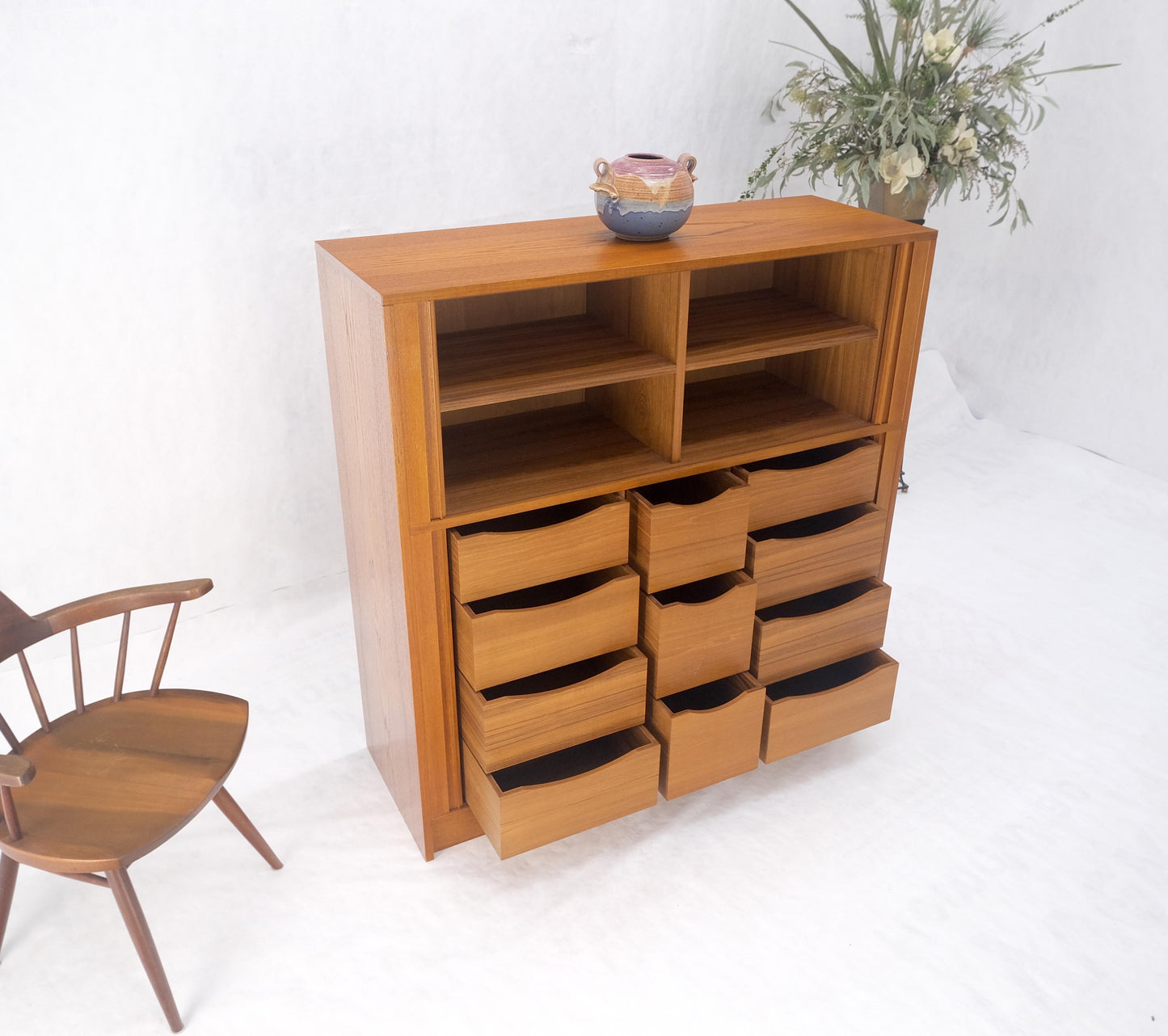 EstablishedLines Danish Teak Tambour Doors 9 Drawers Dresser High Boy Chest Credenza Cabinet MINT