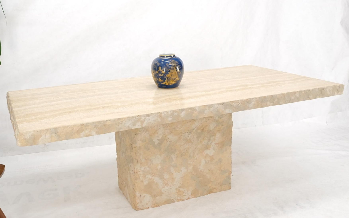 EstablishedLines Single Pedestal Rectangle Travertine "Live" Edge Dining Conference Table Italy