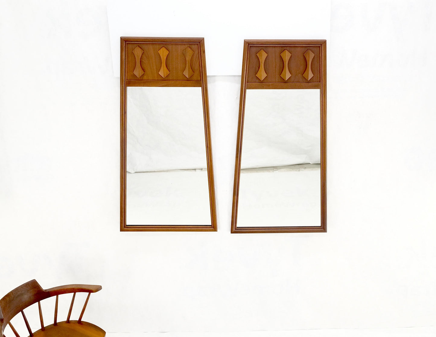 EstablishedLines Pair of Mid Century Modern Walnut Pyramid Shape Walnut Wall Mirrors MINT!