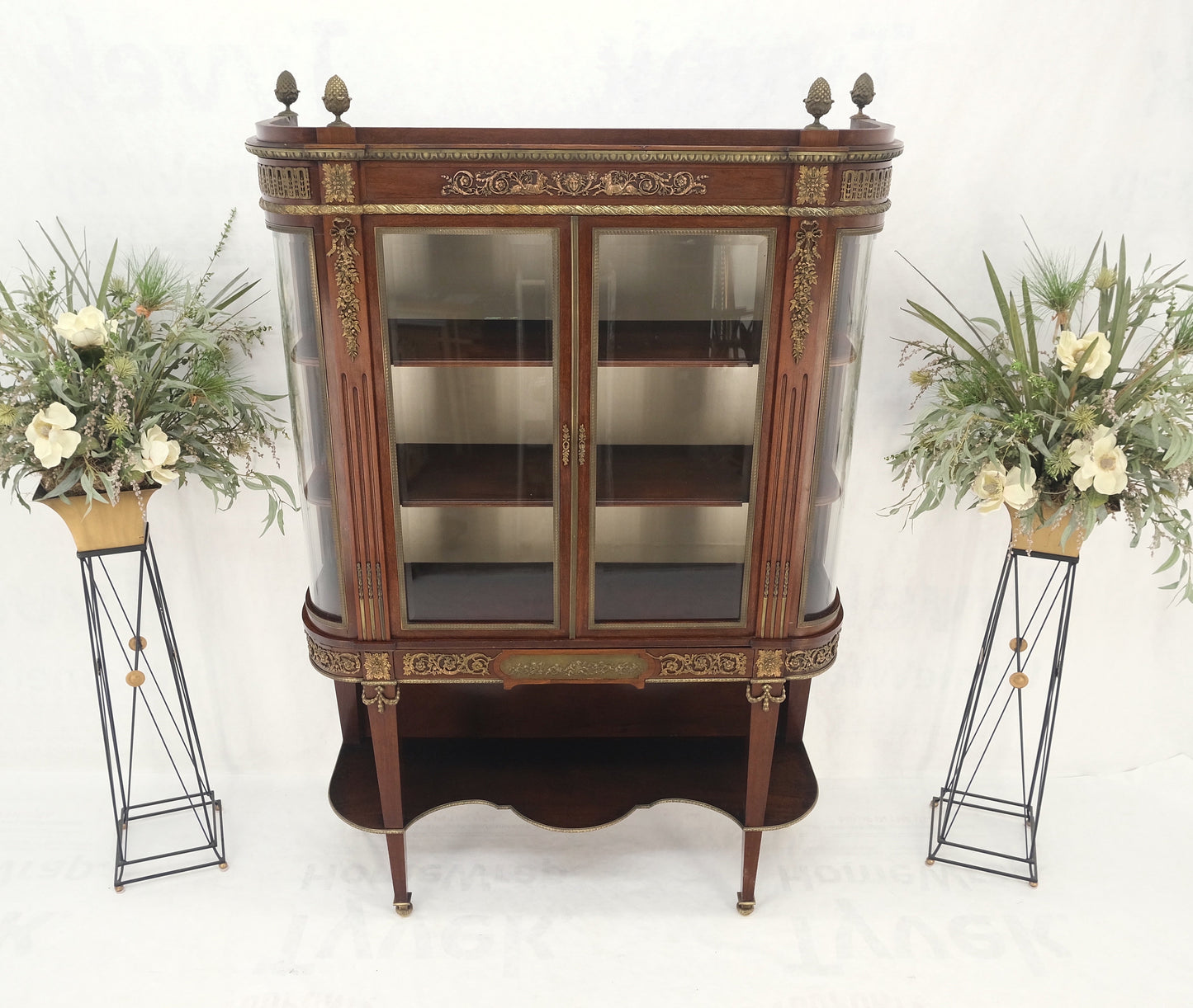 EstablishedLines Late 19th Century Gilt Bronze Mounted Ormolu Vitrine Cubboard Curved Glass