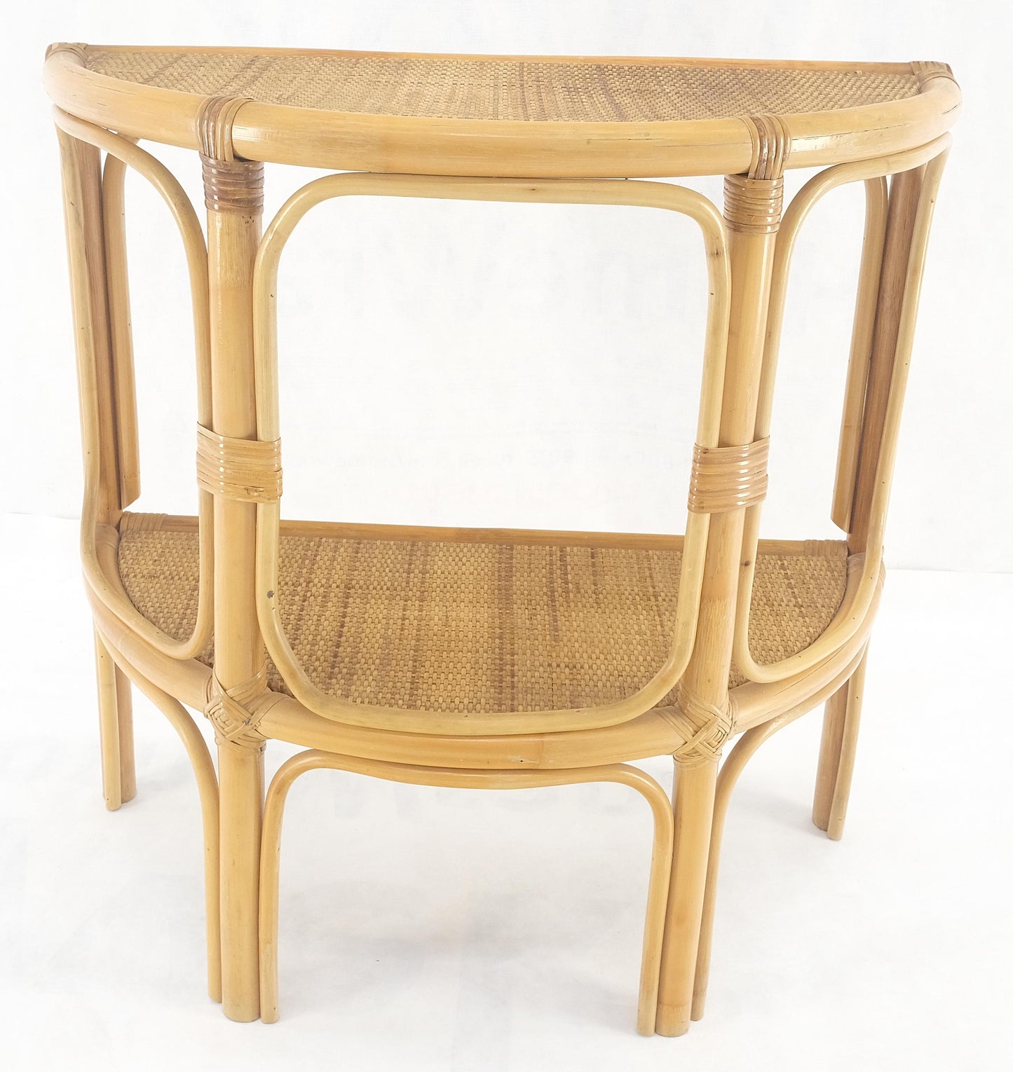 Mid Century Modern Demilune Rattan Cane Bamboo Two Tier Wall Console Table MINT