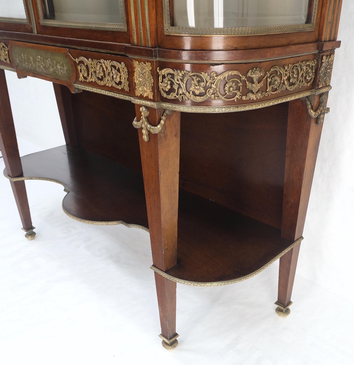 EstablishedLines Late 19th Century Gilt Bronze Mounted Ormolu Vitrine Cubboard Curved Glass