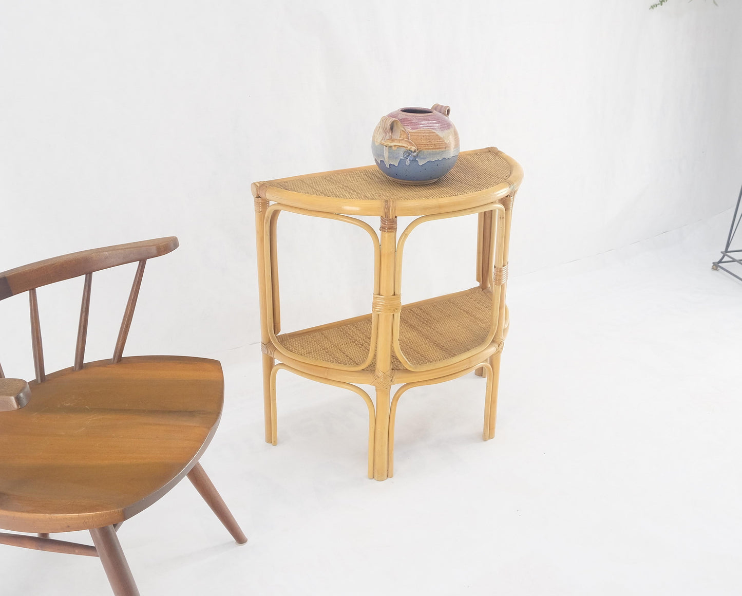 Mid Century Modern Demilune Rattan Cane Bamboo Two Tier Wall Console Table MINT