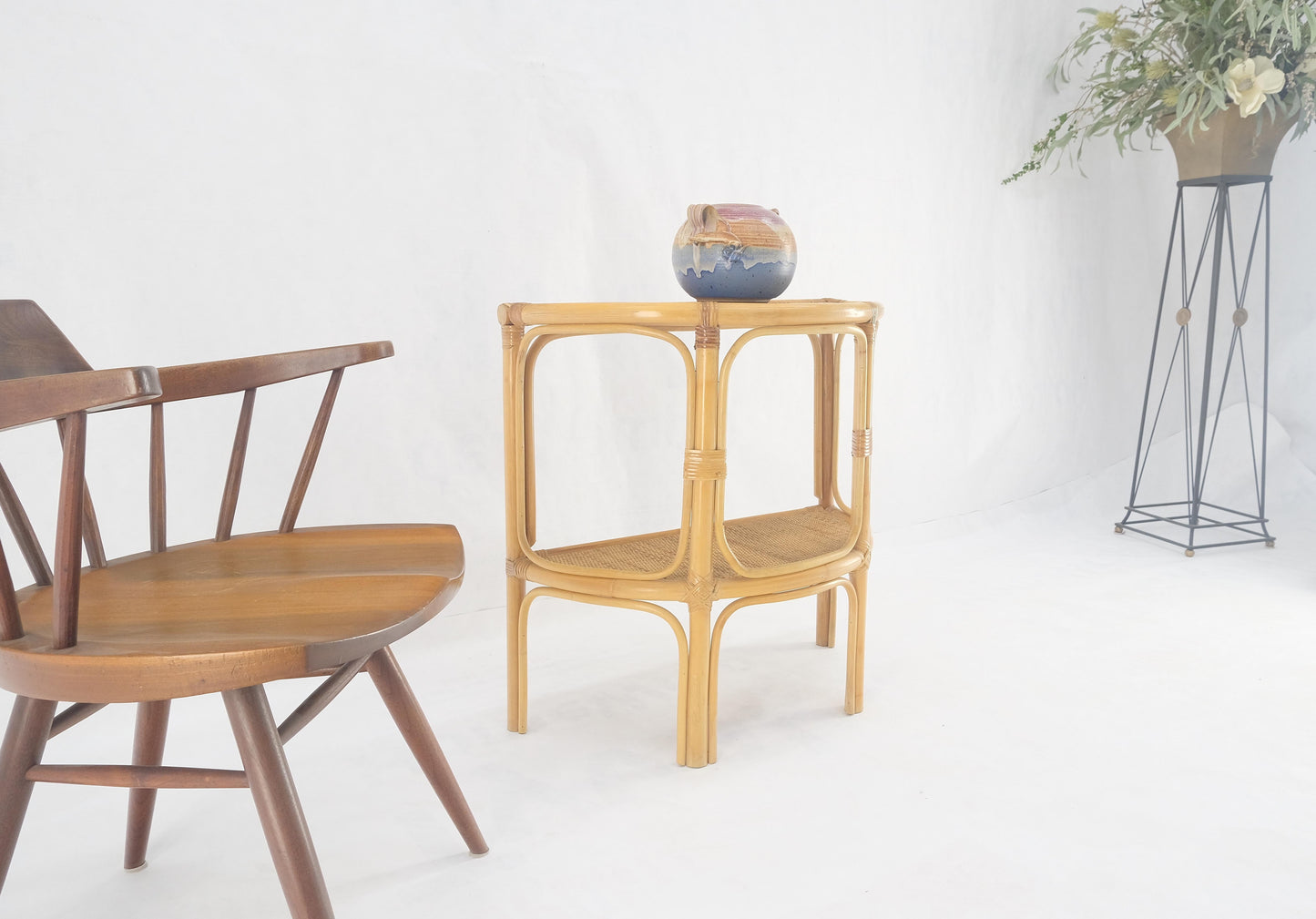 Mid Century Modern Demilune Rattan Cane Bamboo Two Tier Wall Console Table MINT