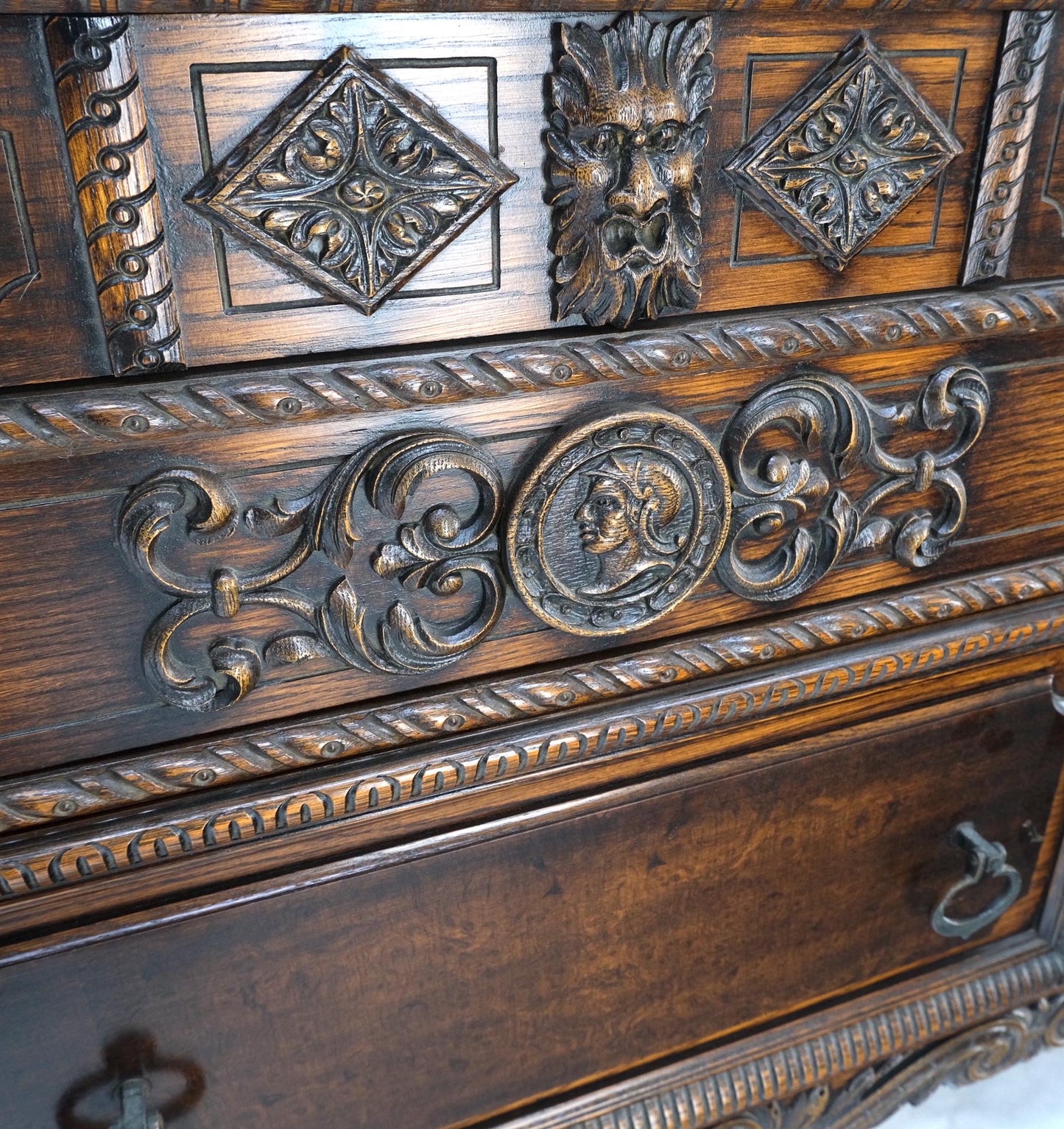 EstablishedLines Jacobean Fine Carved Oak Sideboard Credenza Buffet Cabinet Mint