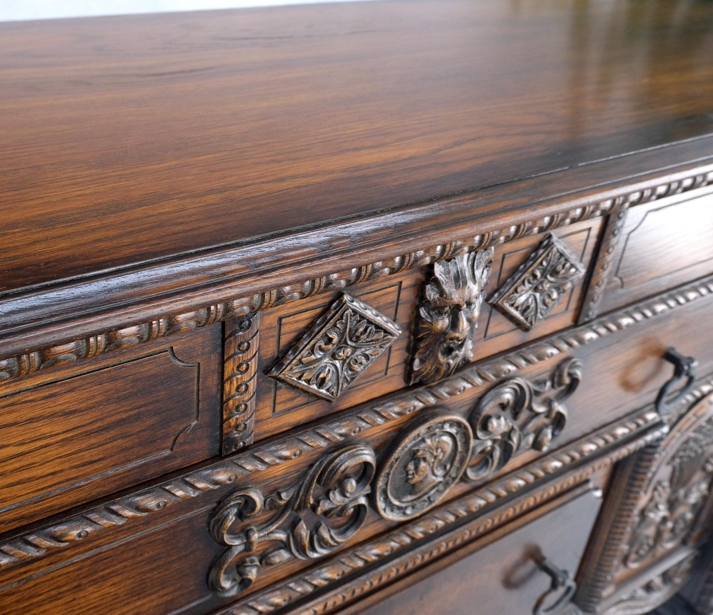 EstablishedLines Jacobean Fine Carved Oak Sideboard Credenza Buffet Cabinet Mint