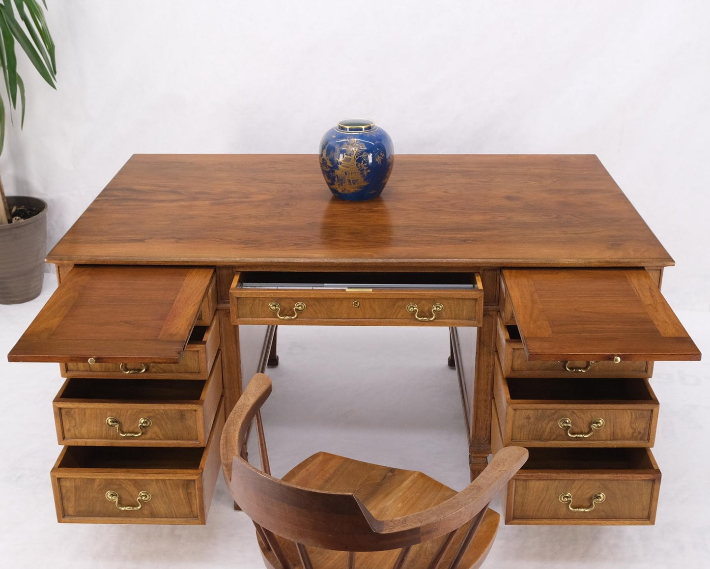 EstablishedLines Large Deep Walnut 9 Drawers Partners Style Antique Desk Brass Pulls Table Mint