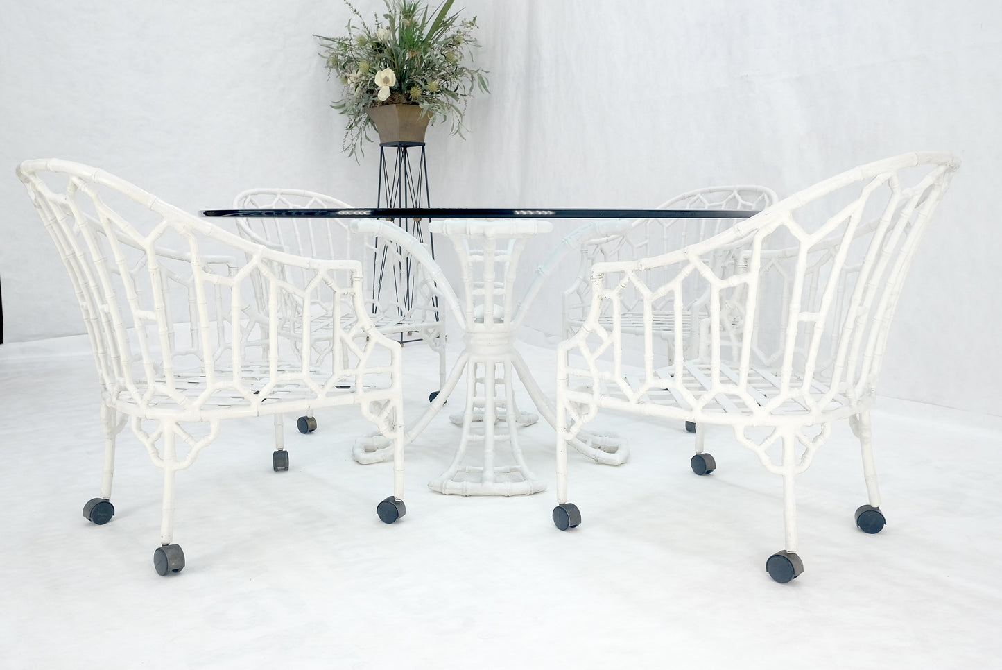 EstablishedLines Cast Aluminum Faux Bamboo 4 Arm Chairs 60" 3/4" Glass Top Dining Table Set MINT!