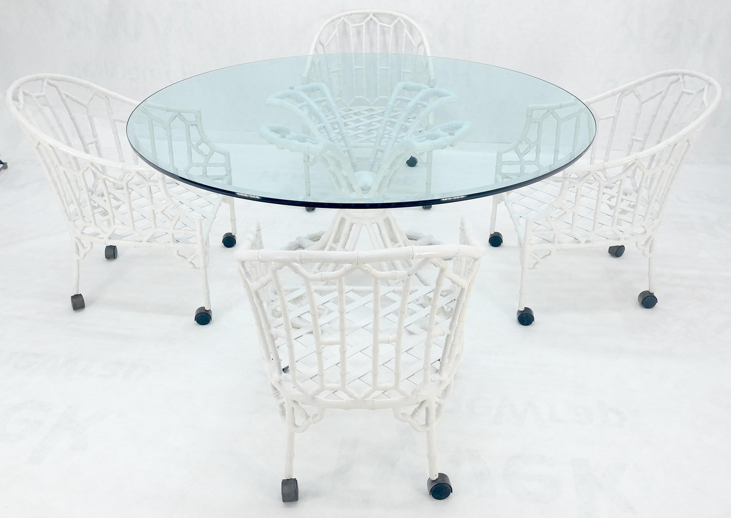 EstablishedLines Cast Aluminum Faux Bamboo 4 Arm Chairs 60" 3/4" Glass Top Dining Table Set MINT!