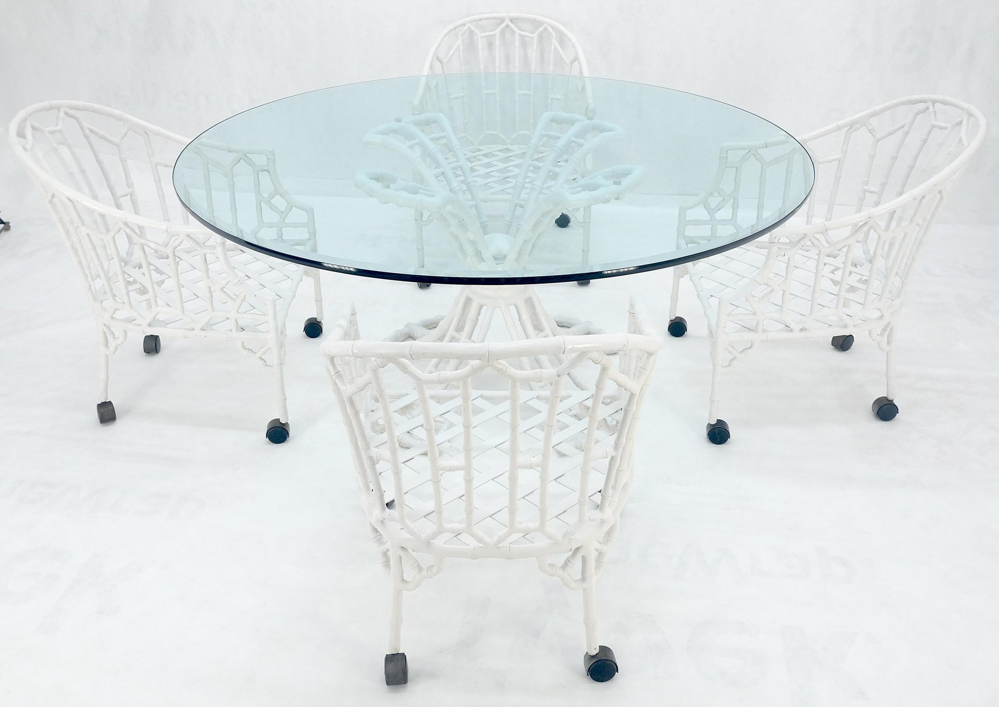 EstablishedLines Cast Aluminum Faux Bamboo 4 Arm Chairs 60" 3/4" Glass Top Dining Table Set MINT!