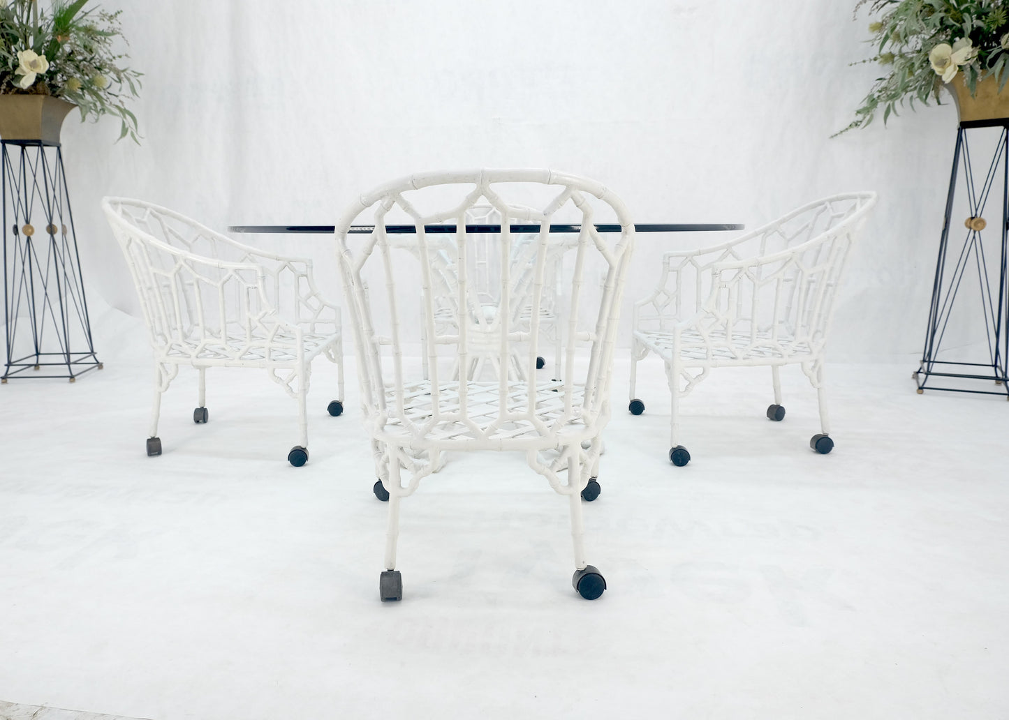 EstablishedLines Cast Aluminum Faux Bamboo 4 Arm Chairs 60" 3/4" Glass Top Dining Table Set MINT!