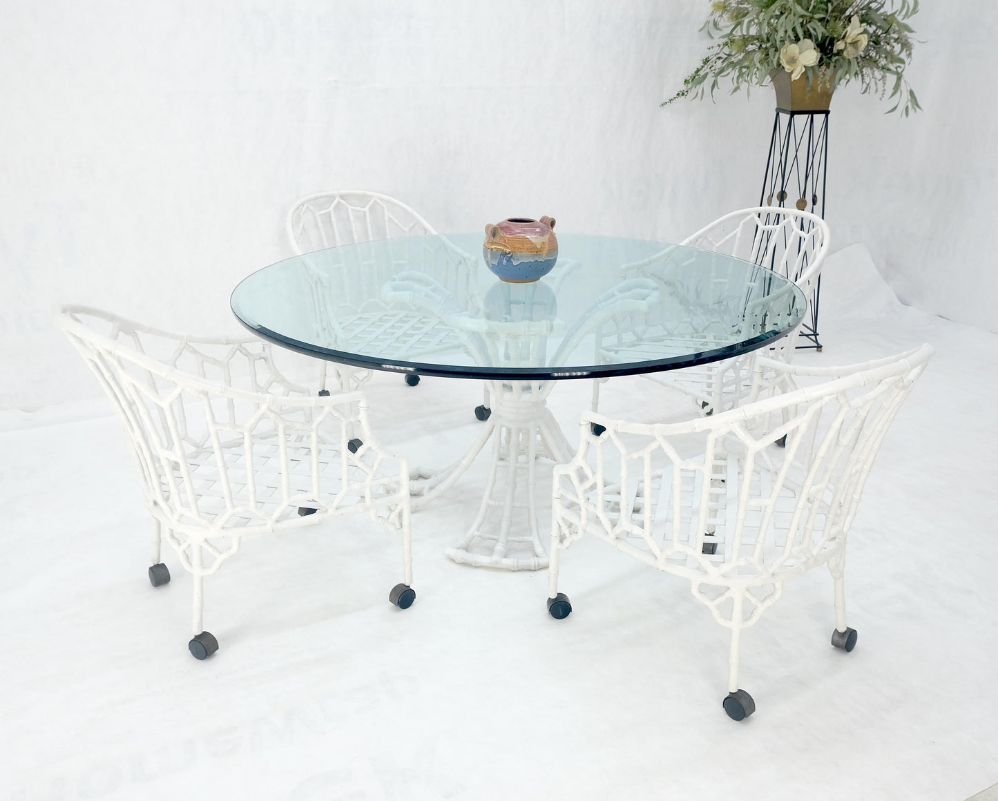 EstablishedLines Cast Aluminum Faux Bamboo 4 Arm Chairs 60" 3/4" Glass Top Dining Table Set MINT!