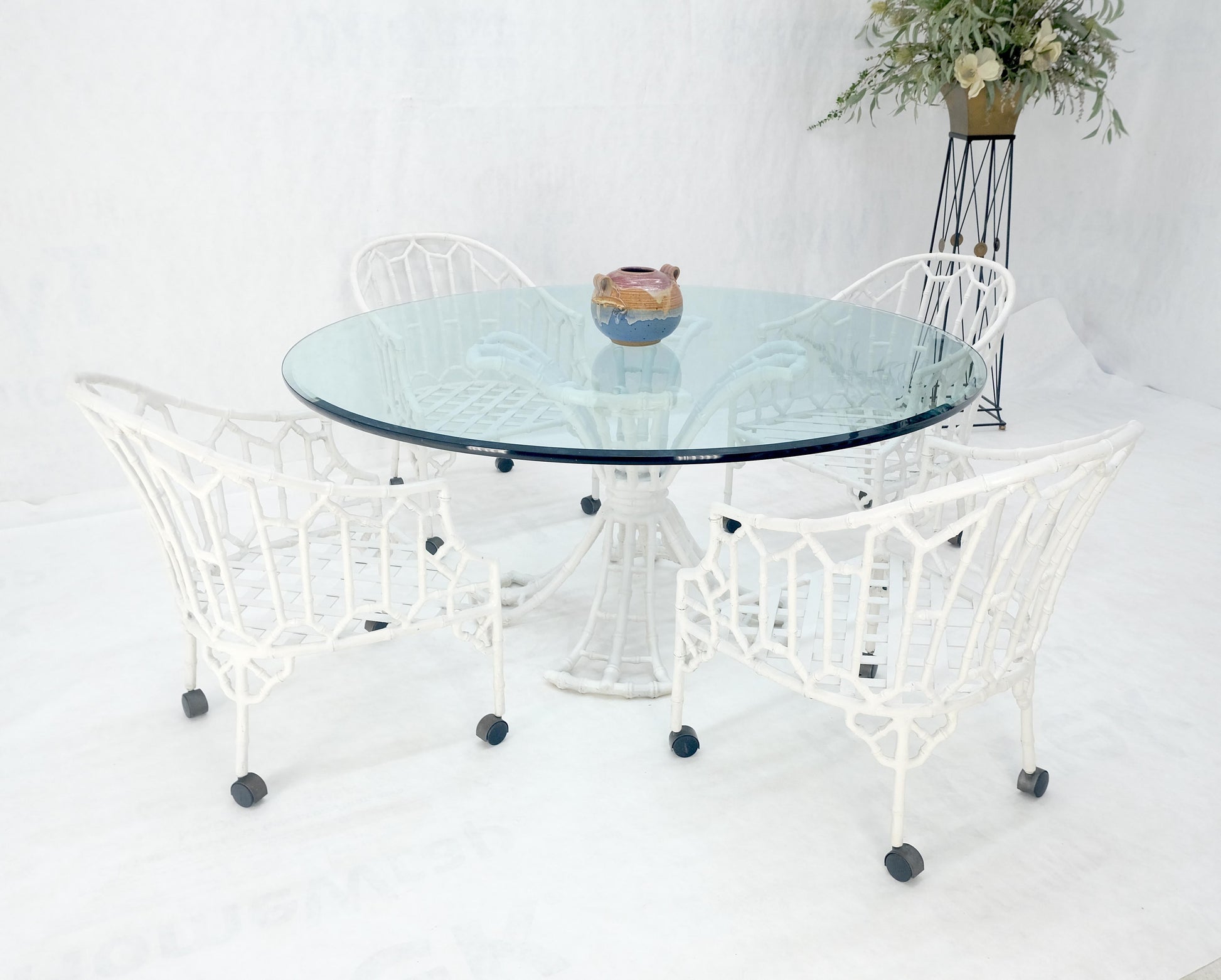 EstablishedLines Cast Aluminum Faux Bamboo 4 Arm Chairs 60" 3/4" Glass Top Dining Table Set MINT!