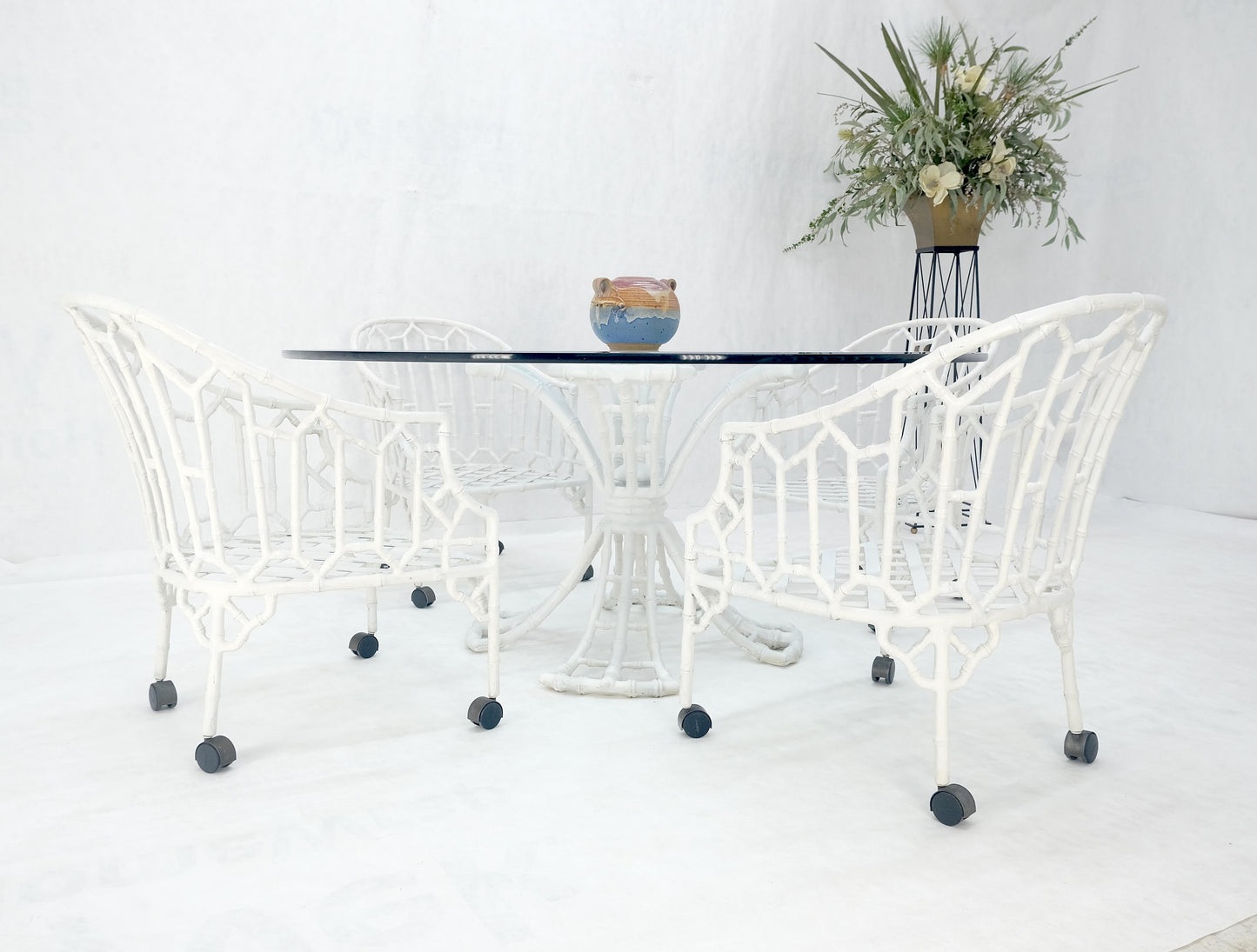 EstablishedLines Cast Aluminum Faux Bamboo 4 Arm Chairs 60" 3/4" Glass Top Dining Table Set MINT!