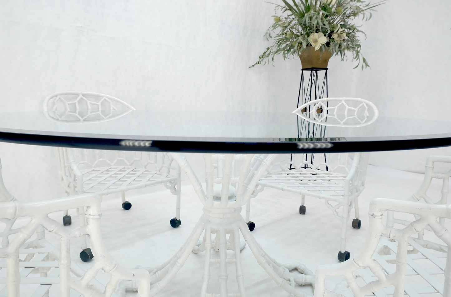 EstablishedLines Cast Aluminum Faux Bamboo 4 Arm Chairs 60" 3/4" Glass Top Dining Table Set MINT!