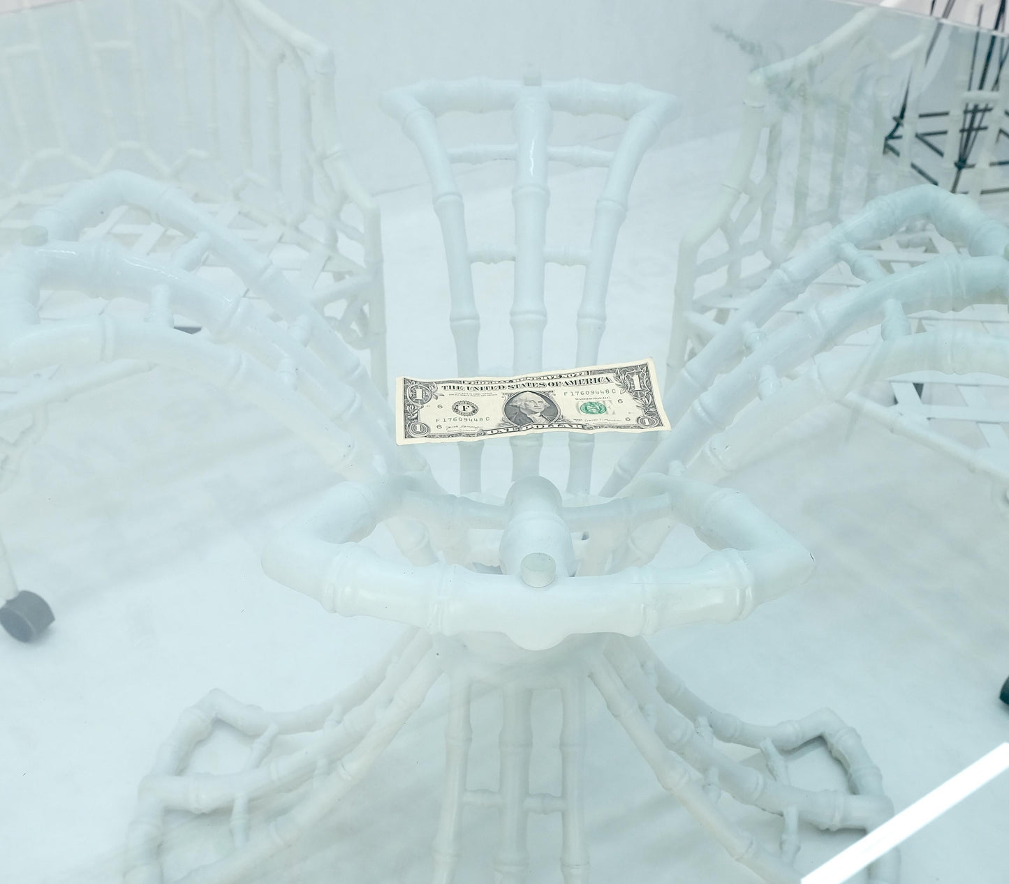 EstablishedLines Cast Aluminum Faux Bamboo 4 Arm Chairs 60" 3/4" Glass Top Dining Table Set MINT!