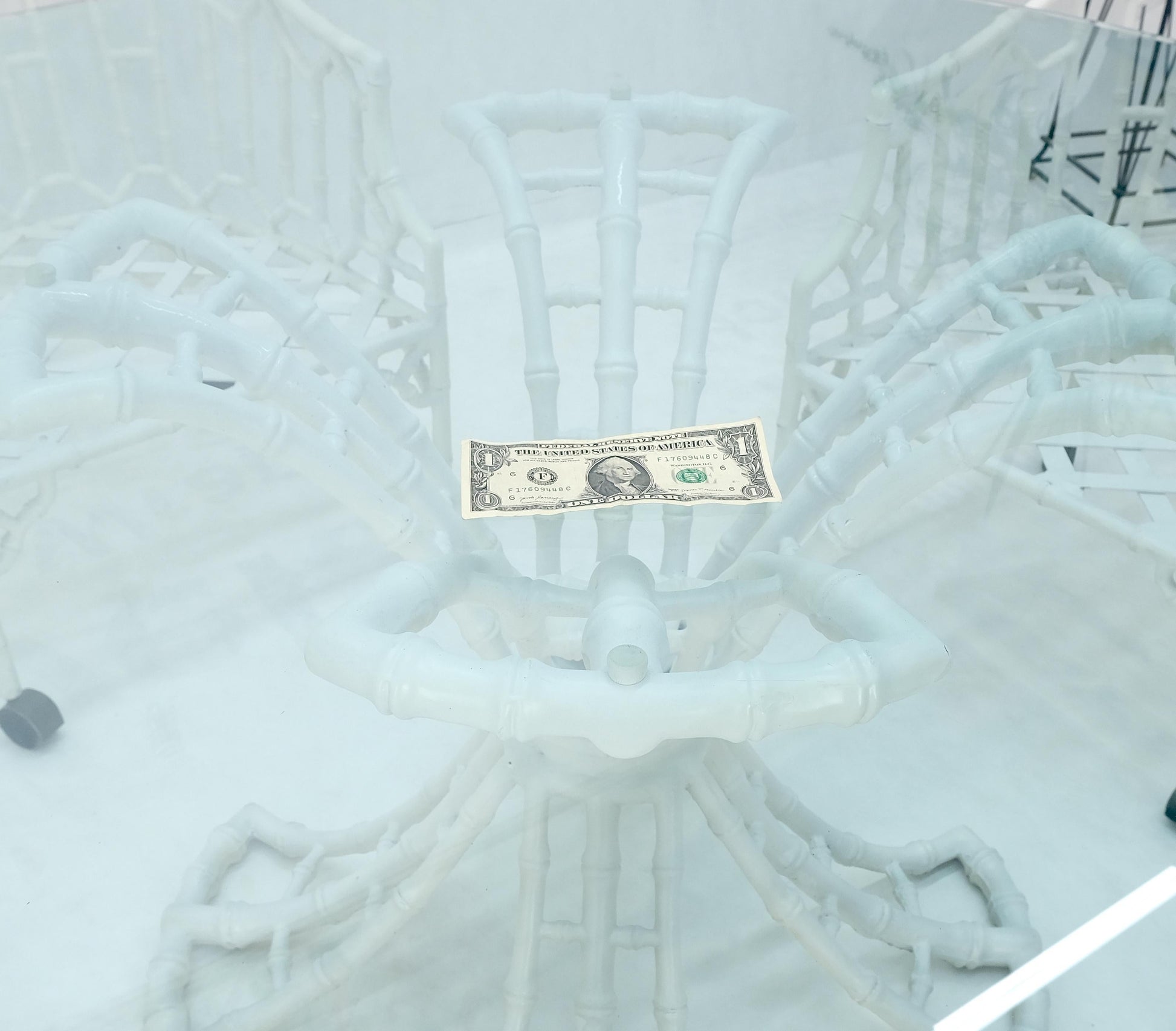 EstablishedLines Cast Aluminum Faux Bamboo 4 Arm Chairs 60" 3/4" Glass Top Dining Table Set MINT!