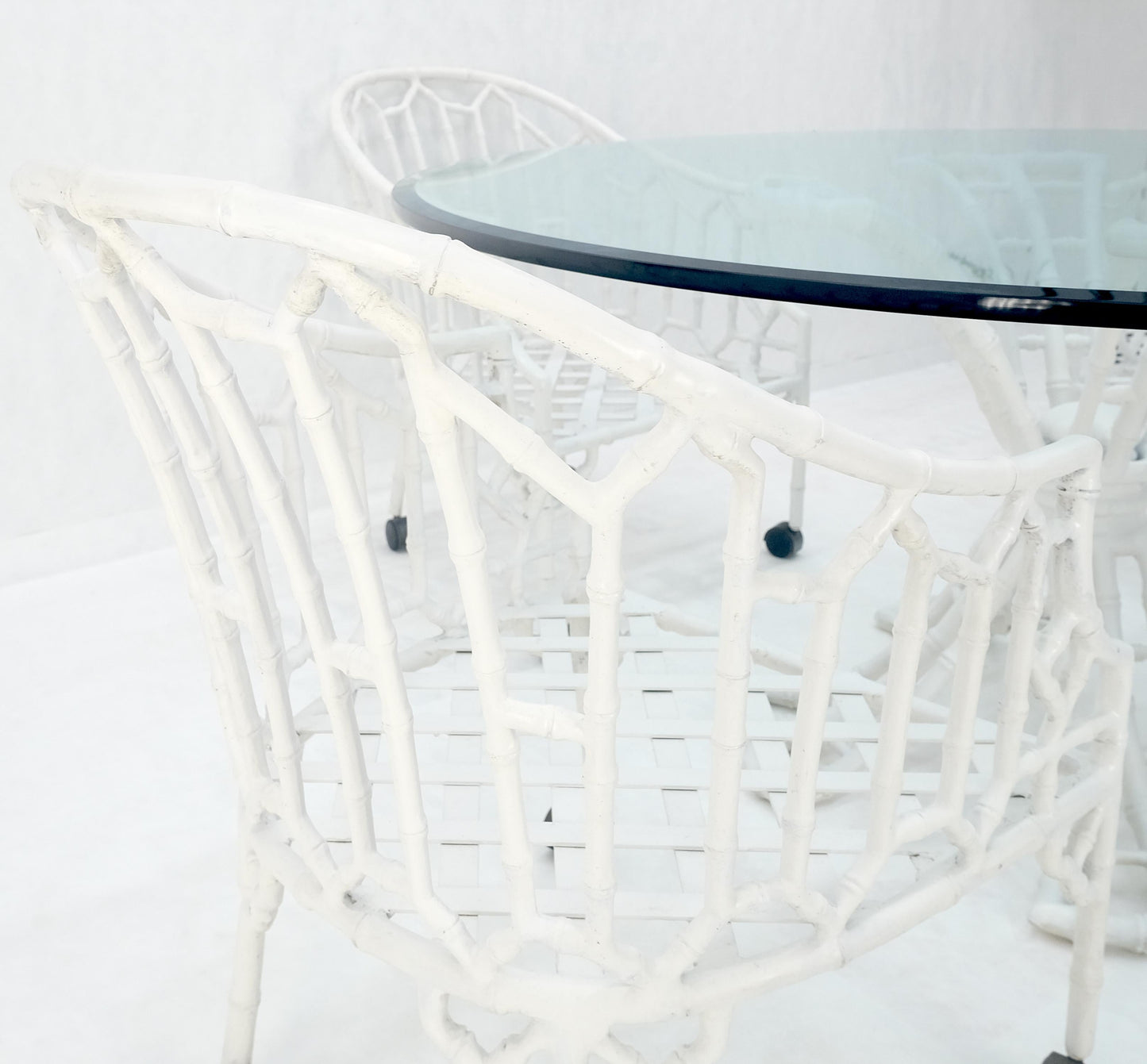 EstablishedLines Cast Aluminum Faux Bamboo 4 Arm Chairs 60" 3/4" Glass Top Dining Table Set MINT!