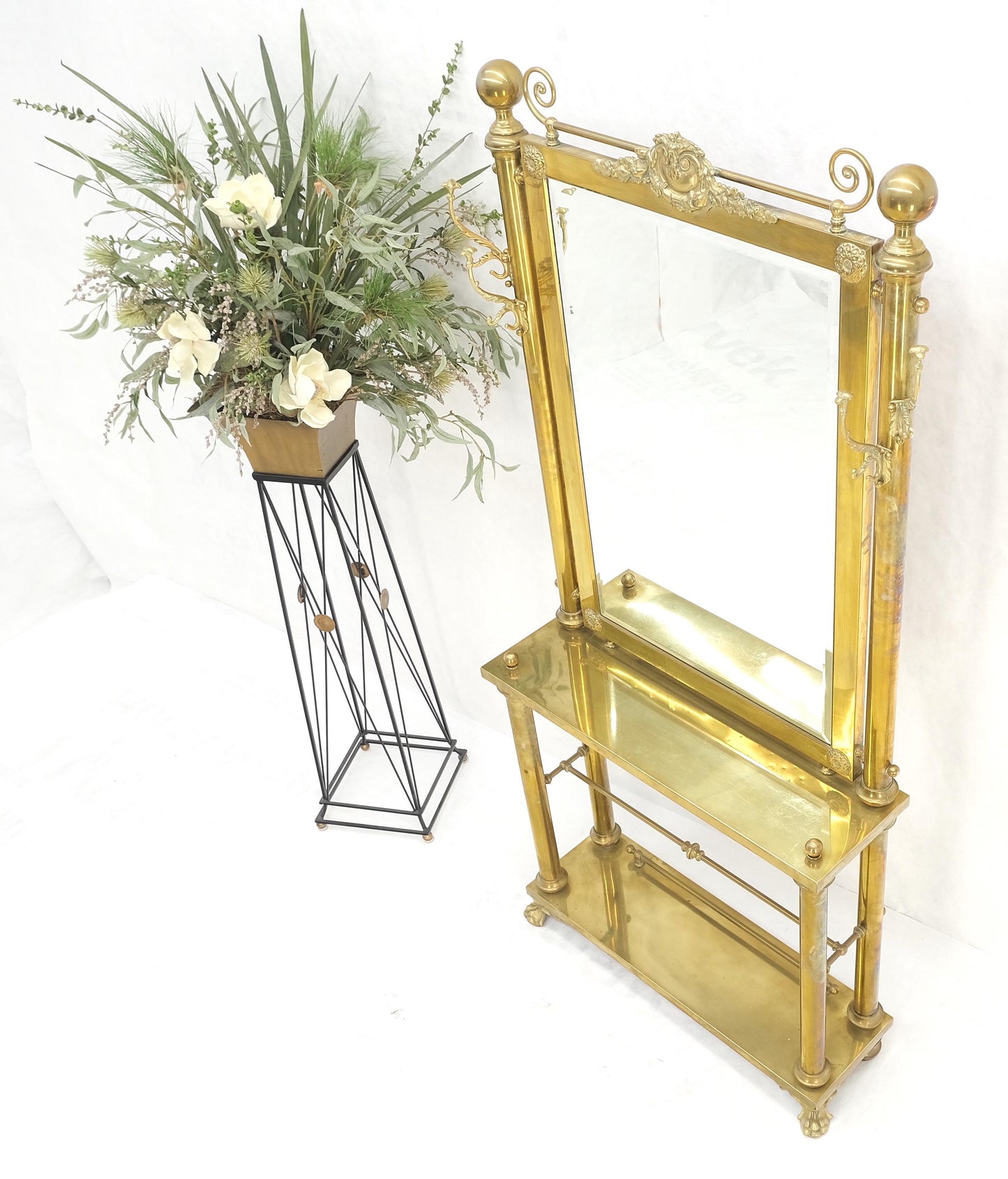 EstablishedLines Solid Brass Entryway Hall Tree Mirror Coat Rack Console Table Claw Feet