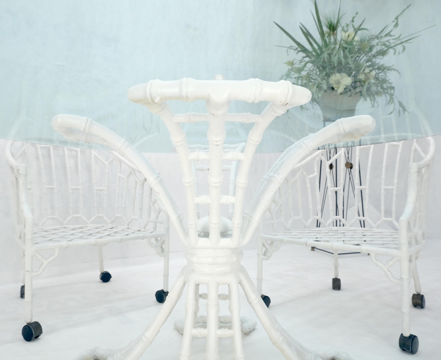 EstablishedLines Cast Aluminum Faux Bamboo 4 Arm Chairs 60" 3/4" Glass Top Dining Table Set MINT!