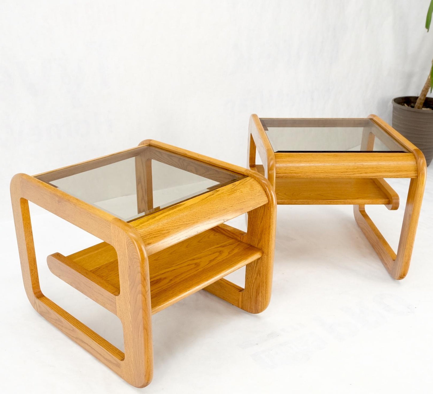 EstablishedLines Pair of Mid-Century Solid Oak Smoked Glass Top End Side Tables W Shelves Mint!